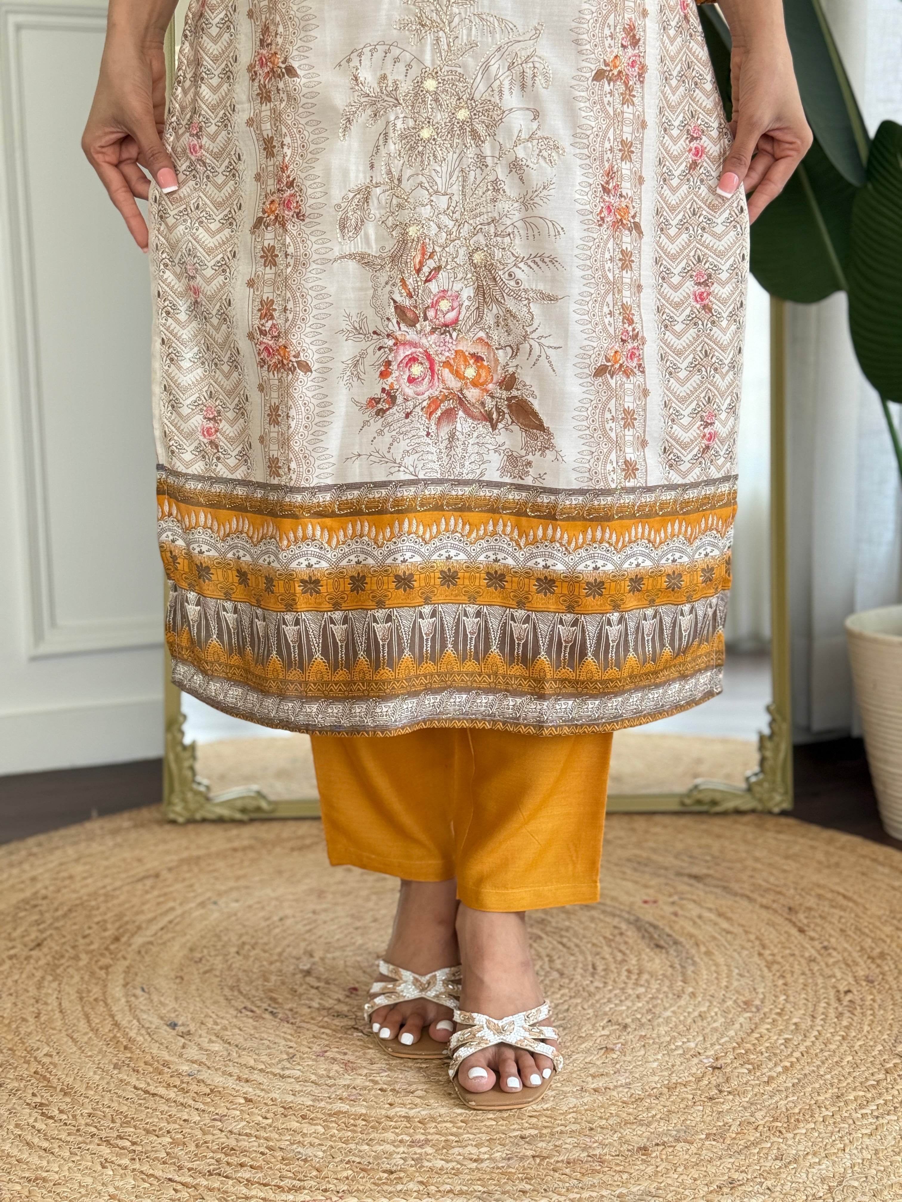 Off White Viscose Modal Kurta Pant with Print With Hand Work