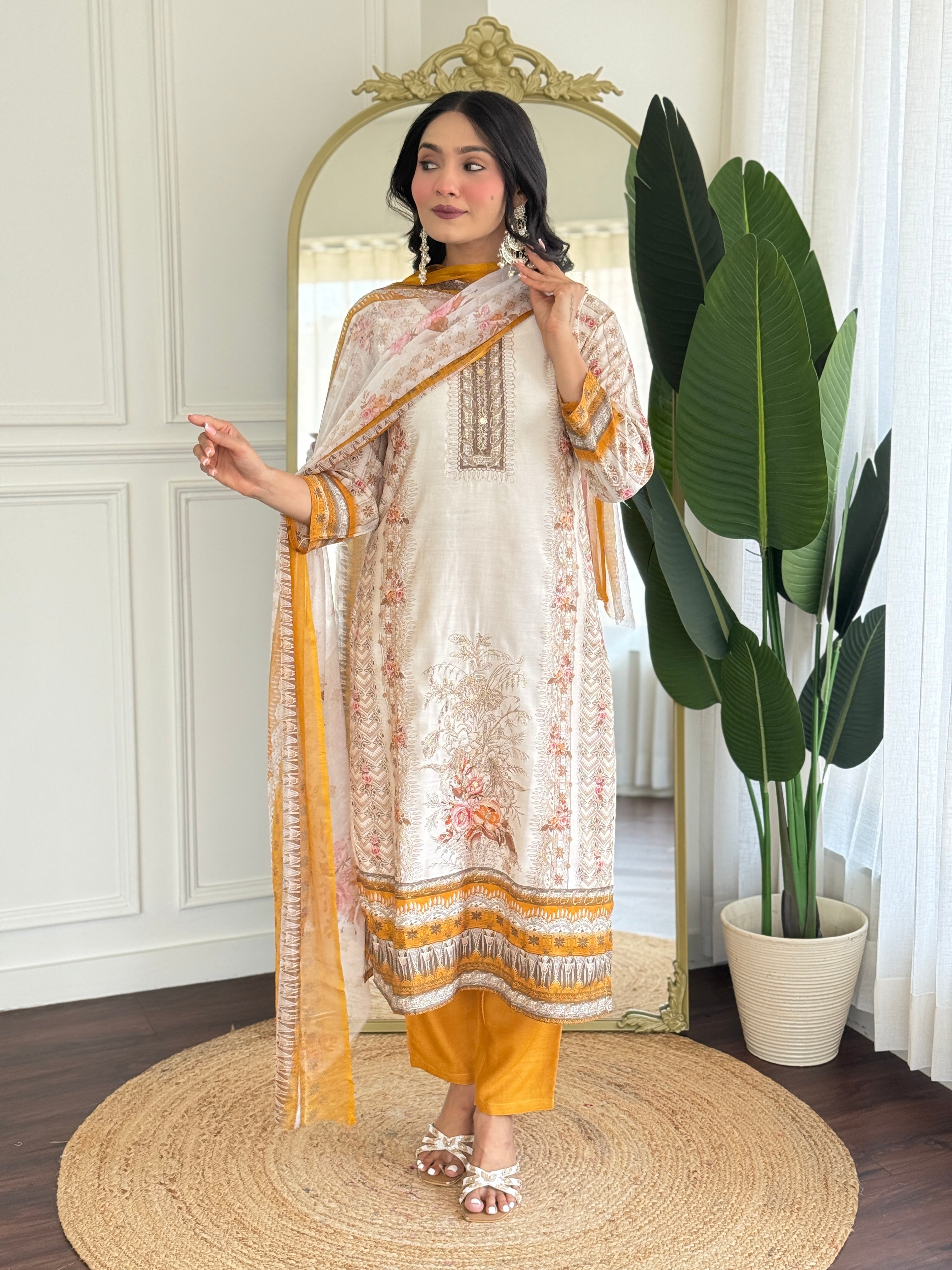 Off White Viscose Modal Kurta Pant with Print With Hand Work