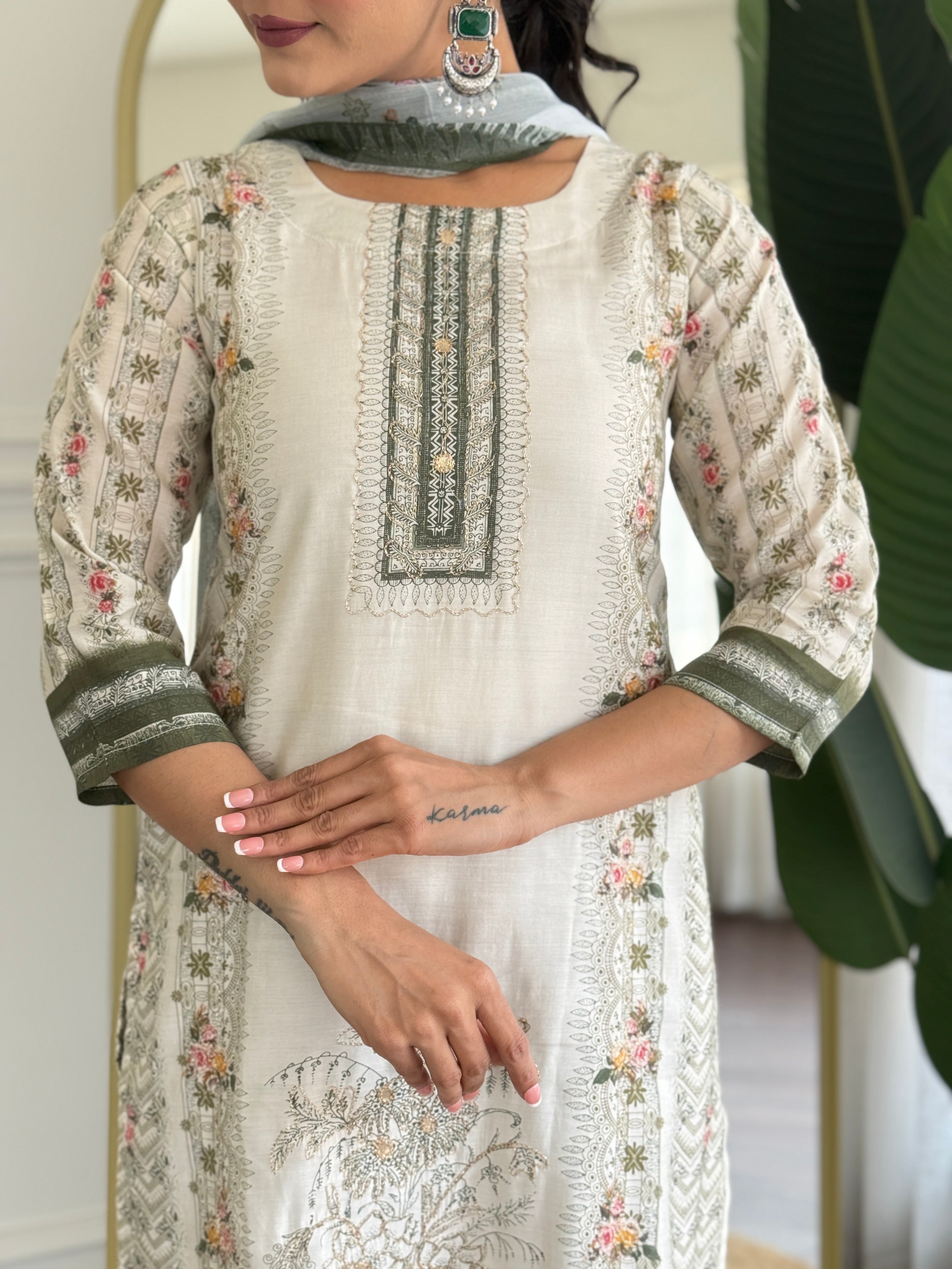 Off White Viscose Modal Kurta Pant with Print With Hand Work