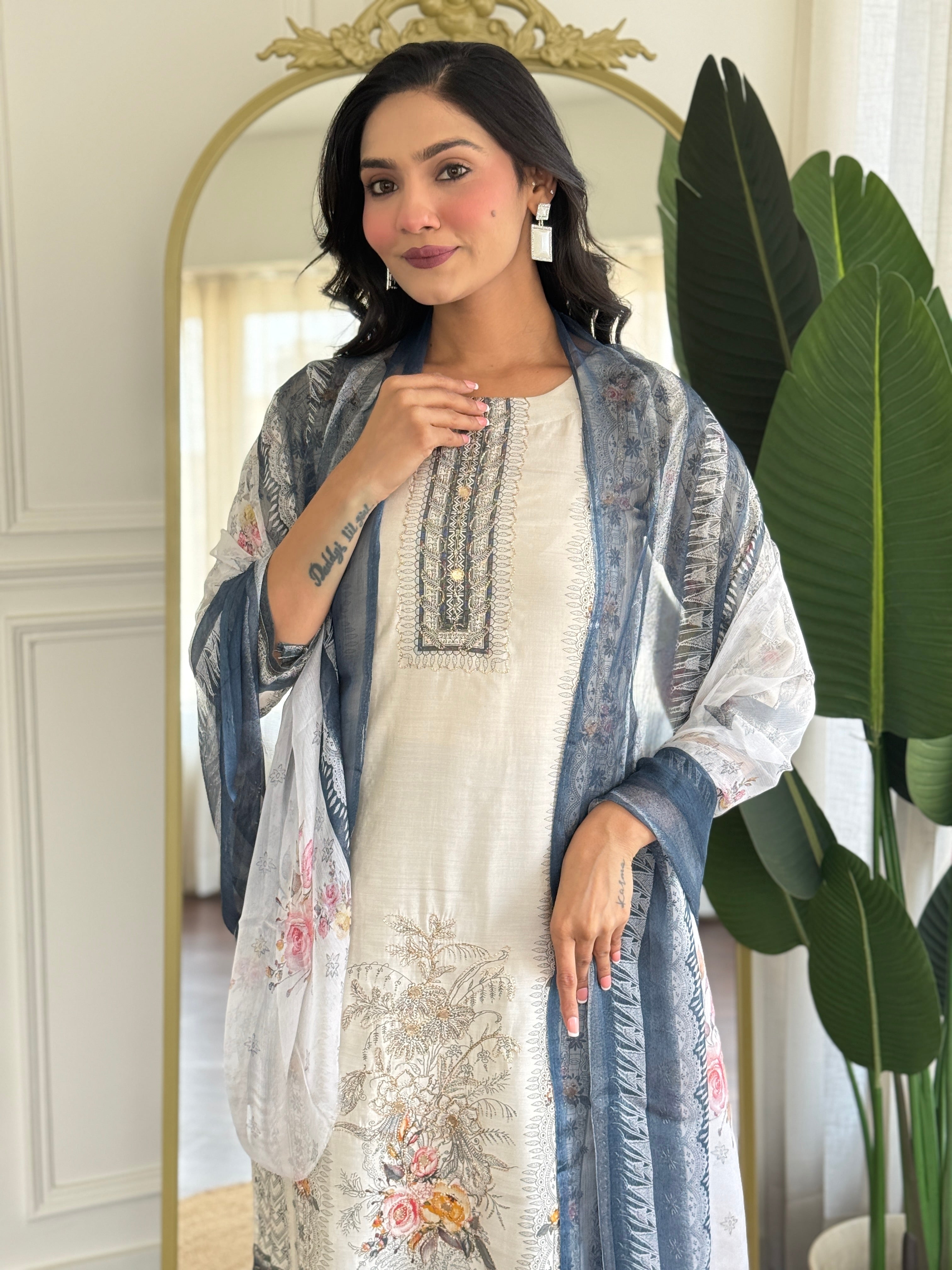 Off White Viscose Modal Kurta Pant with Print With Hand Work