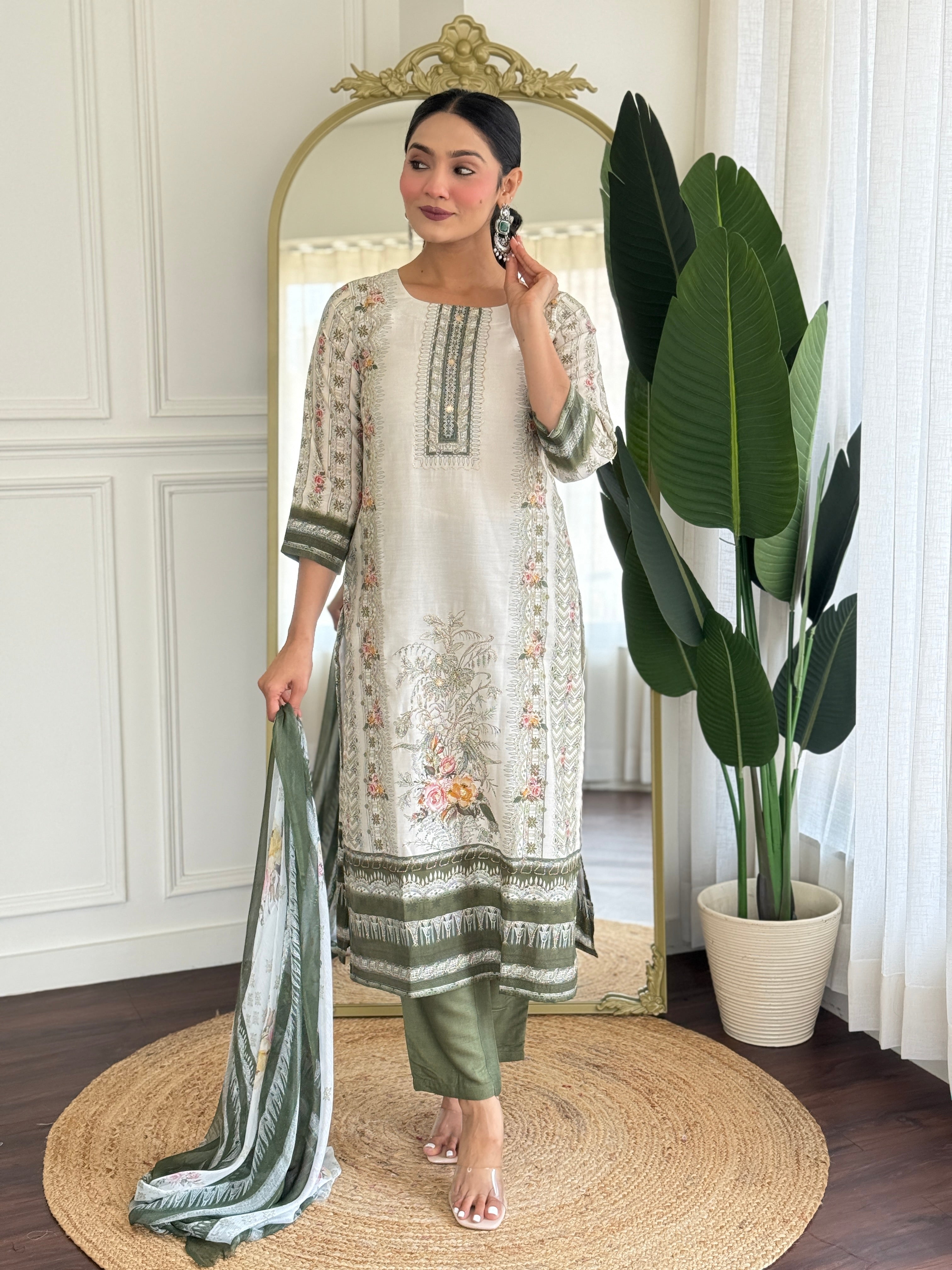 Off White Viscose Modal Kurta Pant with Print With Hand Work