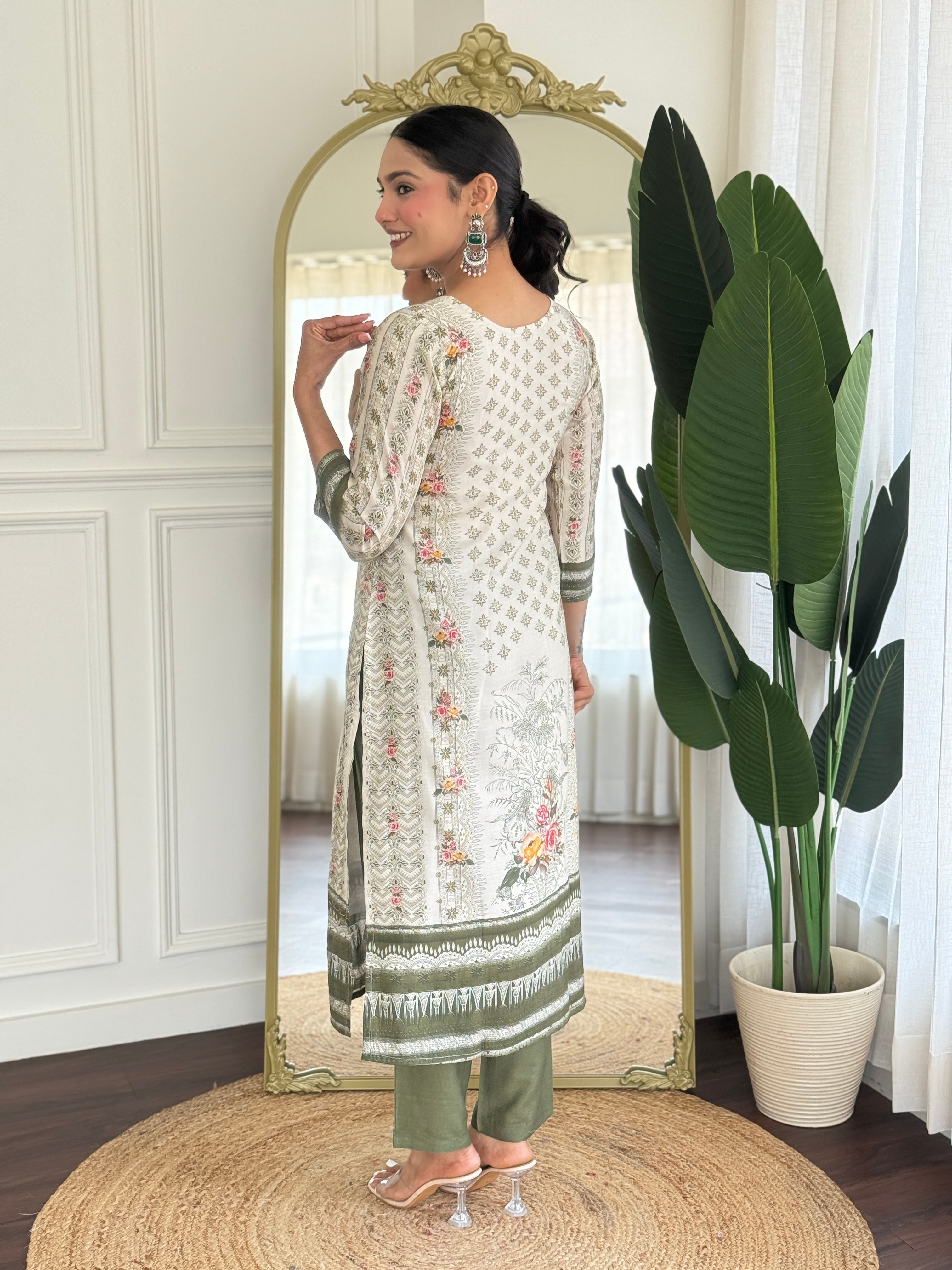Off White Viscose Modal Kurta Pant with Print With Hand Work