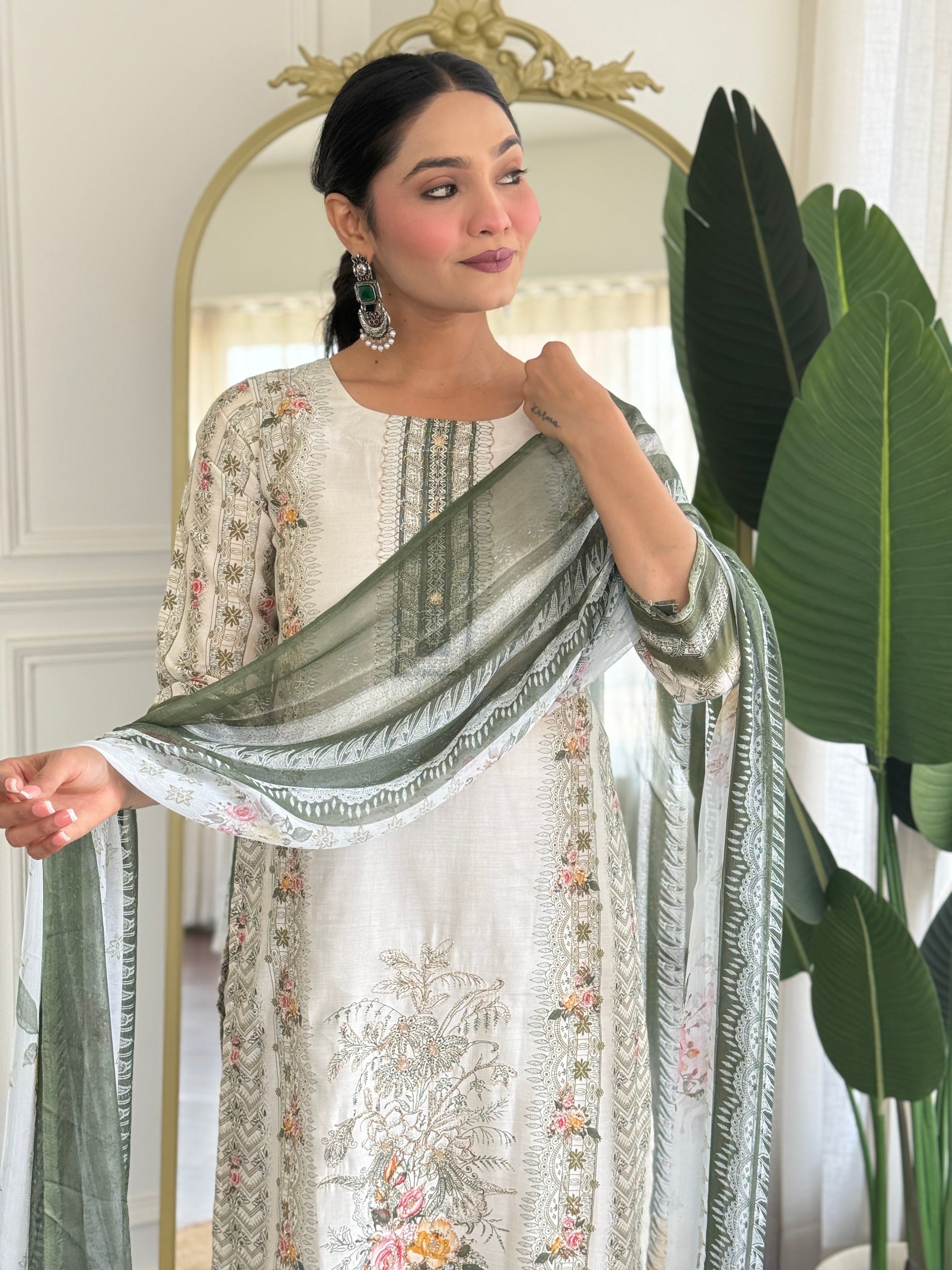 Off White Viscose Modal Kurta Pant with Print With Hand Work