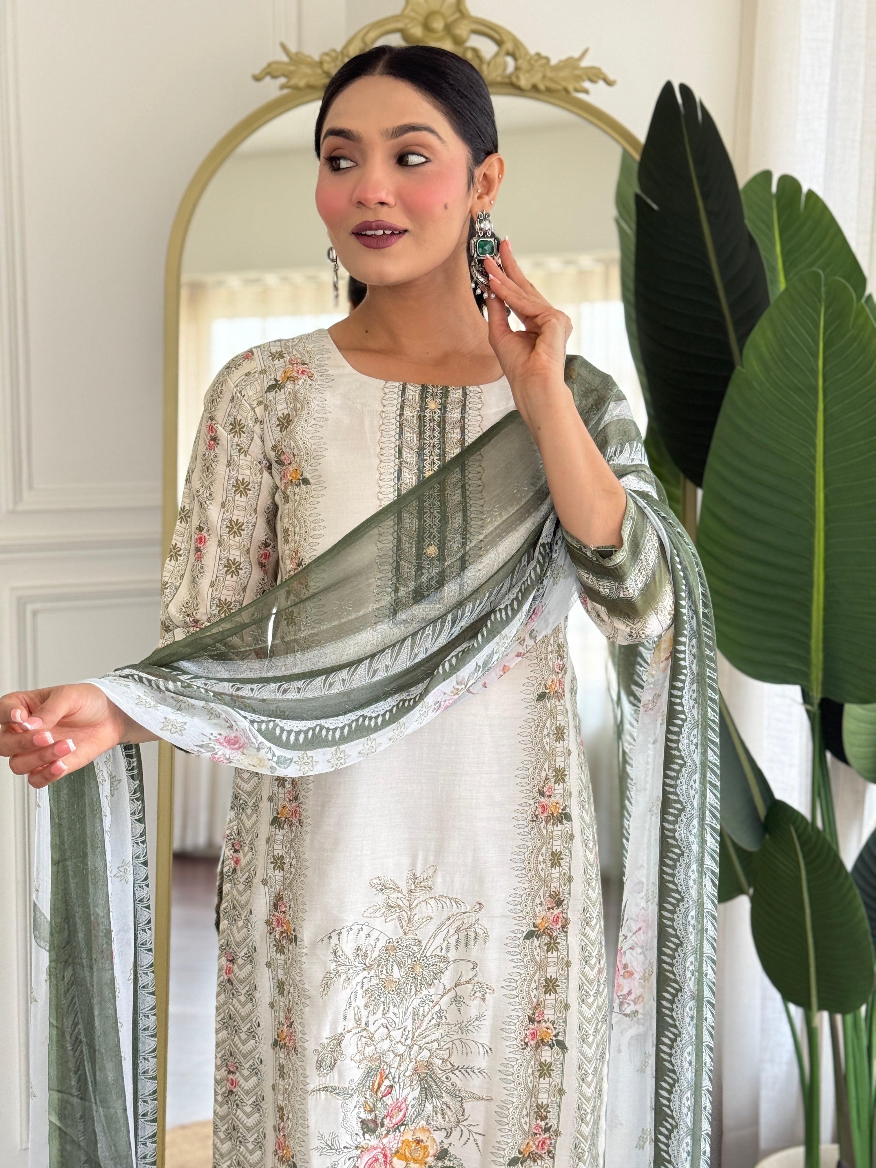 Off White Viscose Modal Kurta Pant with Print With Hand Work