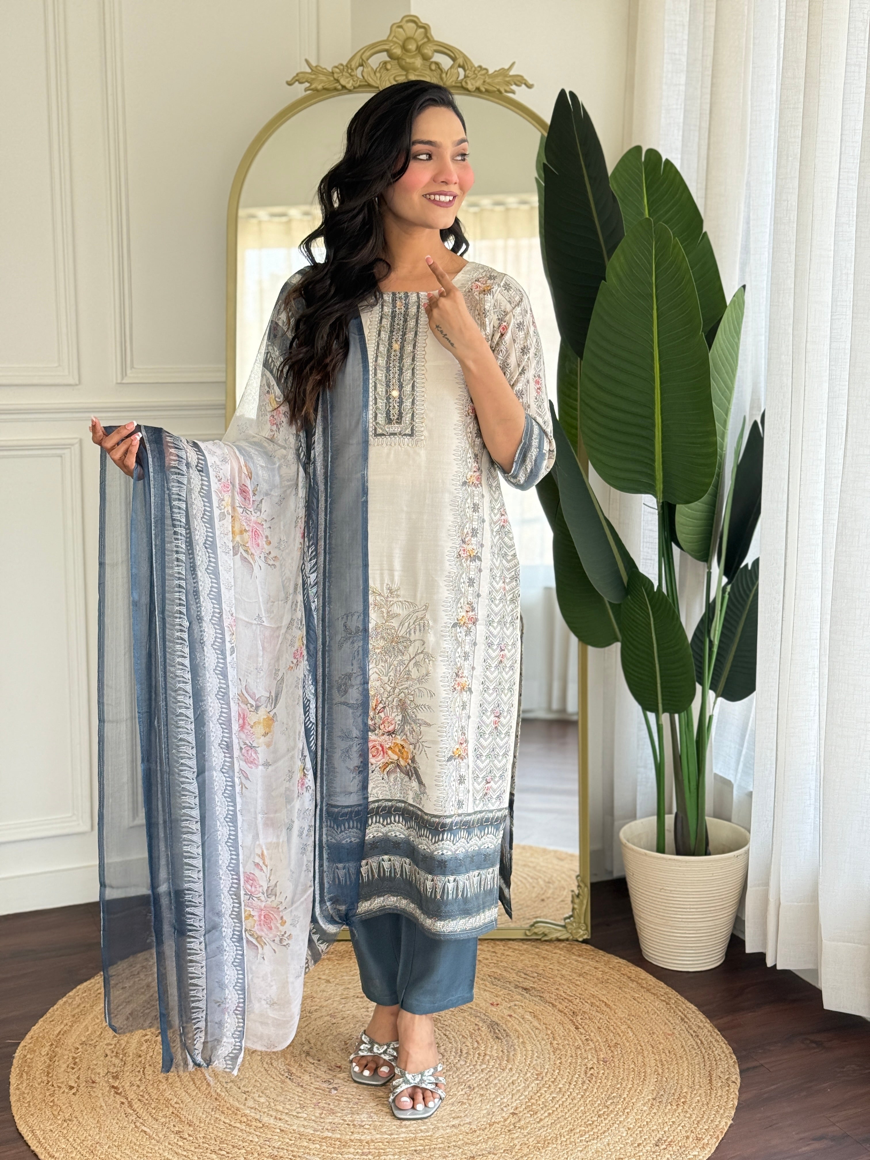 Off White Viscose Modal Kurta Pant with Print With Hand Work