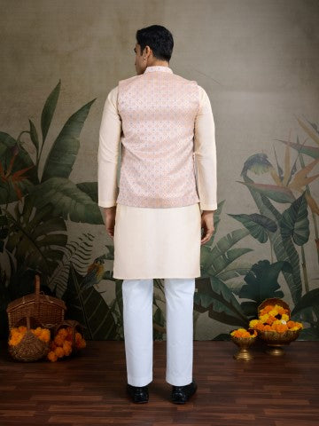 Off White Viscose Silk Ceremonial Kurta with Jacket