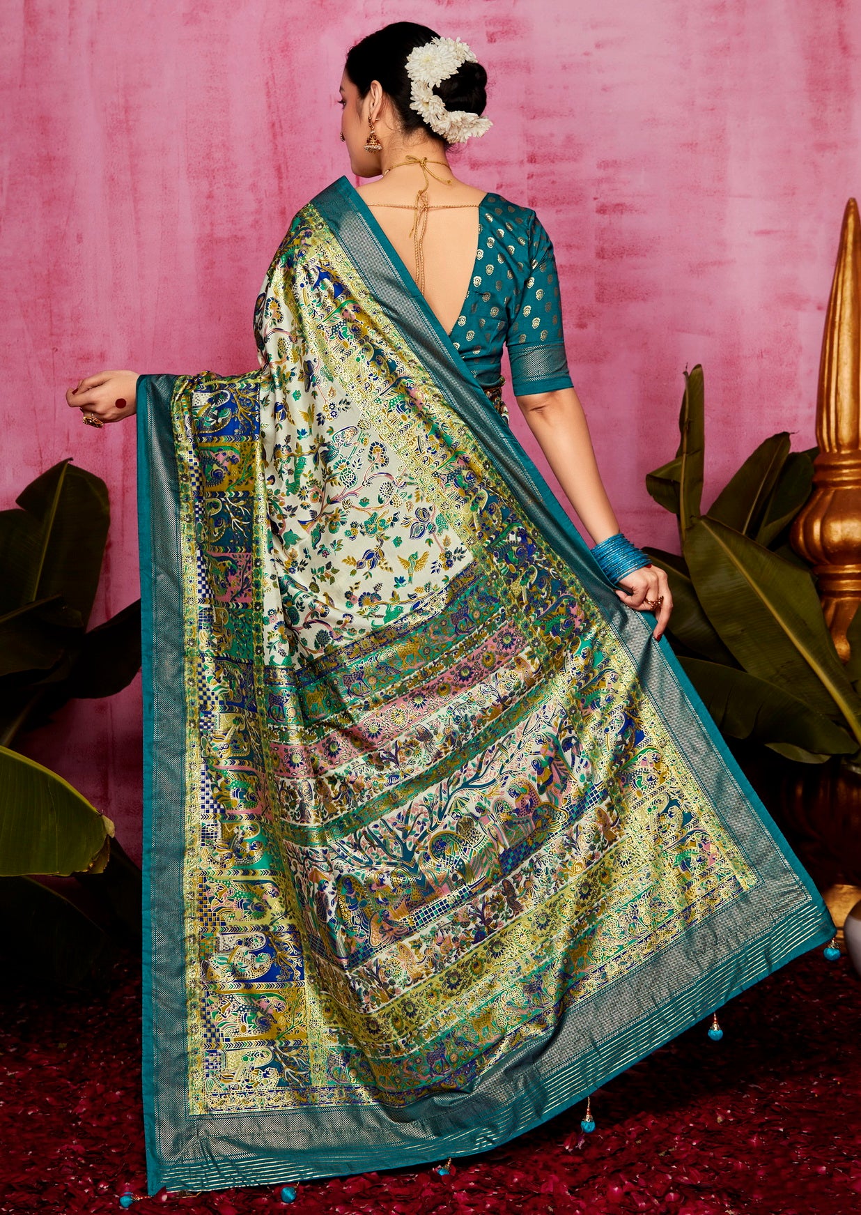 Off White Woven Designer With Polka Dot And Printed Tussar Silk Saree