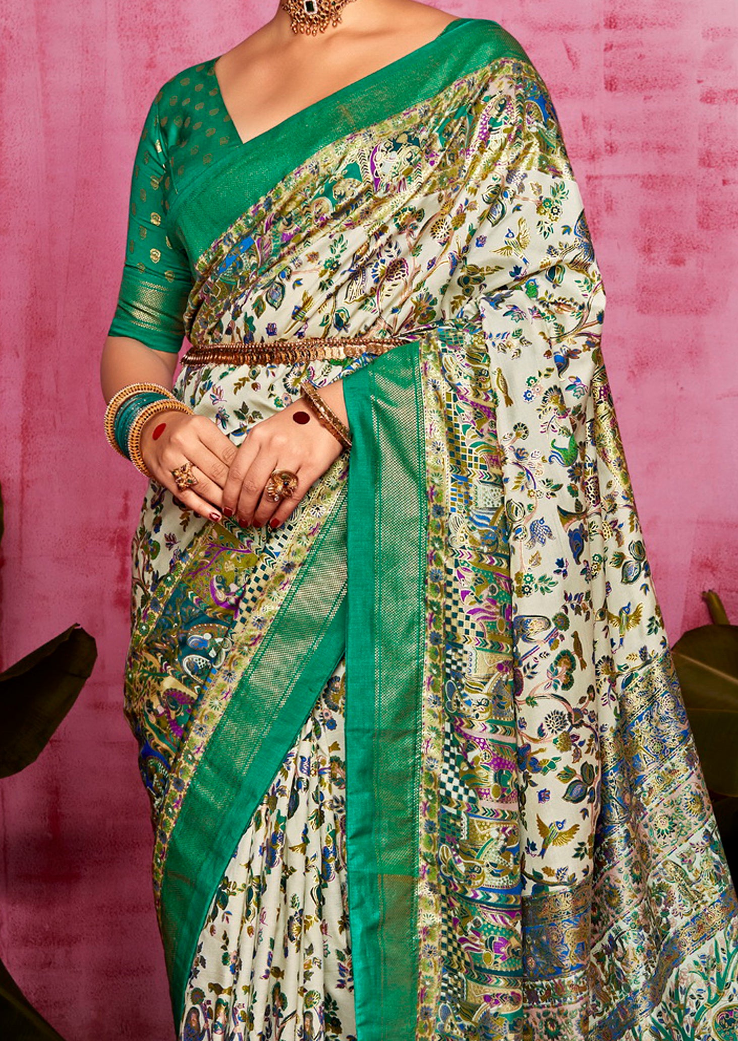 Off White Woven Designer With Polka Dot And Printed Tussar Silk Saree