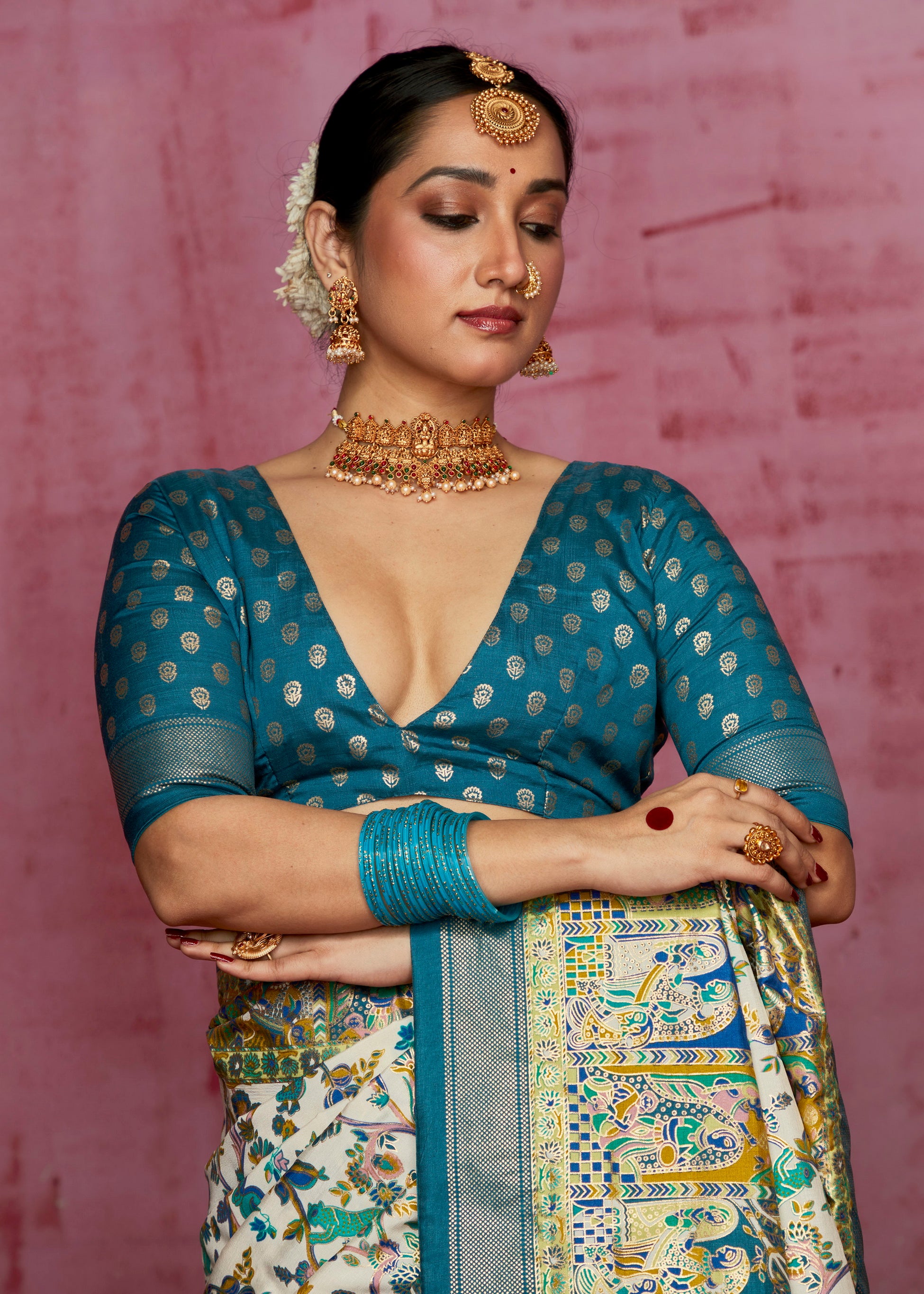 Off White Woven Designer With Polka Dot And Printed Tussar Silk Saree