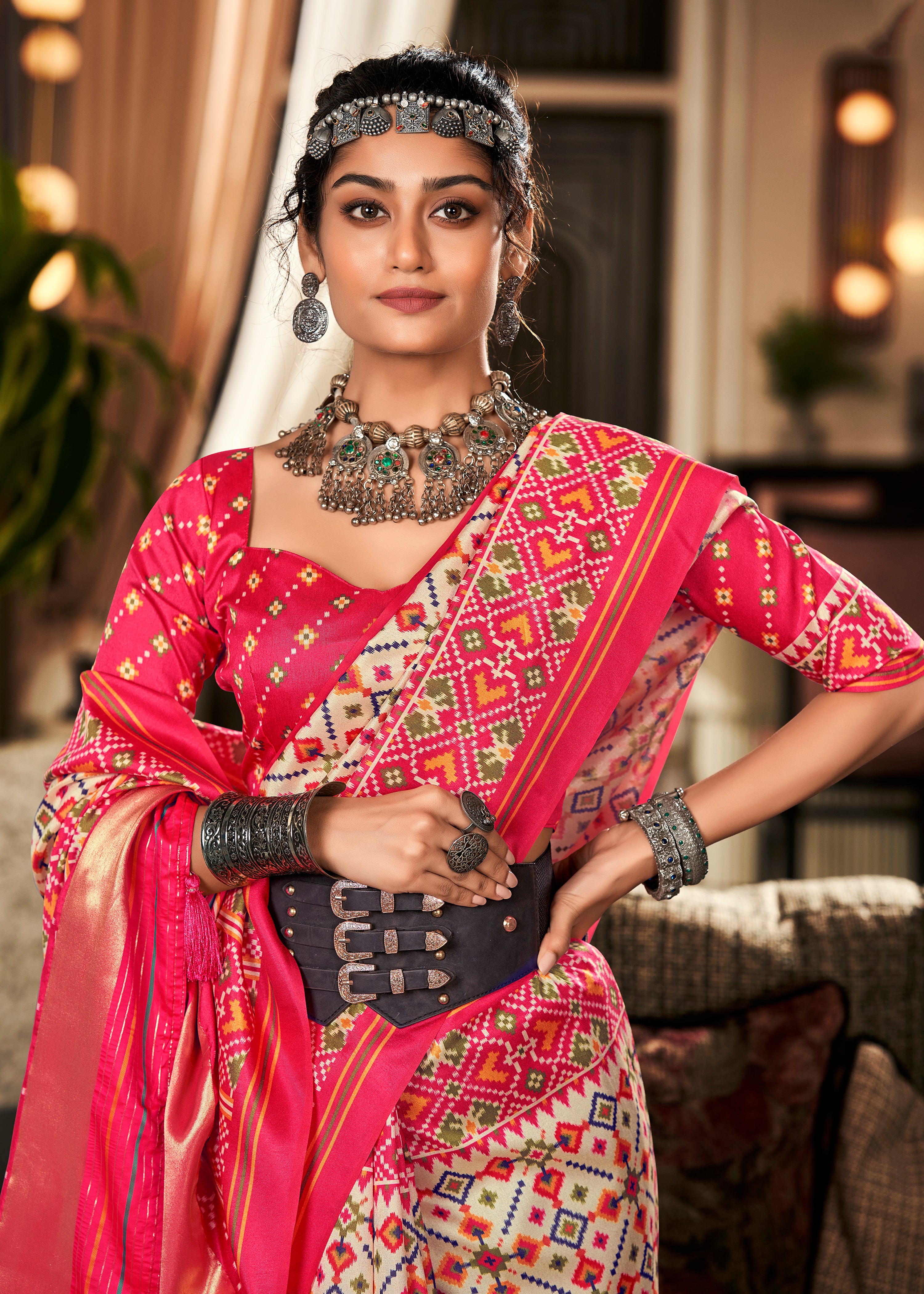 Offwhite Tussar Silk Saree With Patola Digital Print with Lagadi Patta Pallu