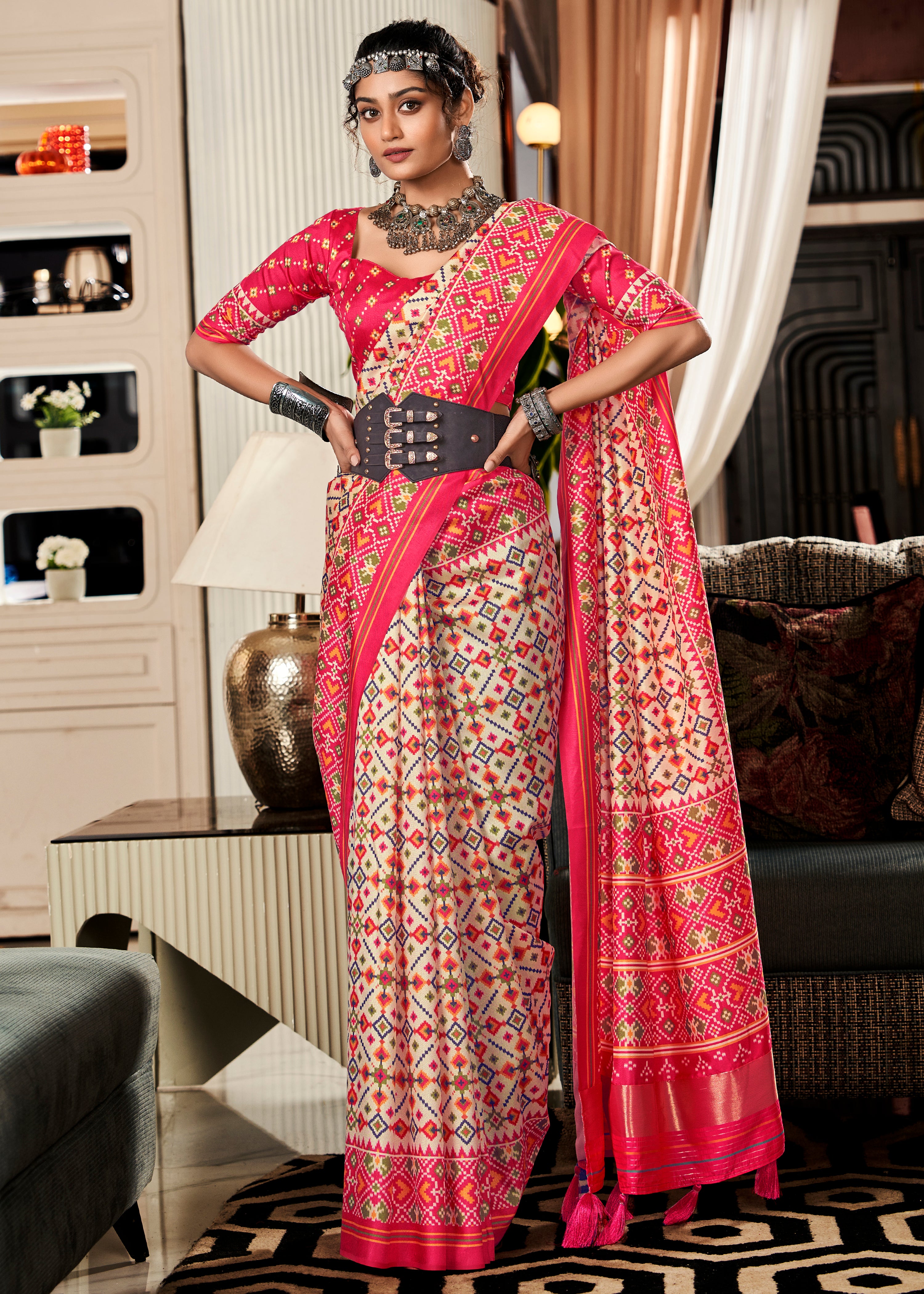 Offwhite Tussar Silk Saree With Patola Digital Print with Lagadi Patta Pallu