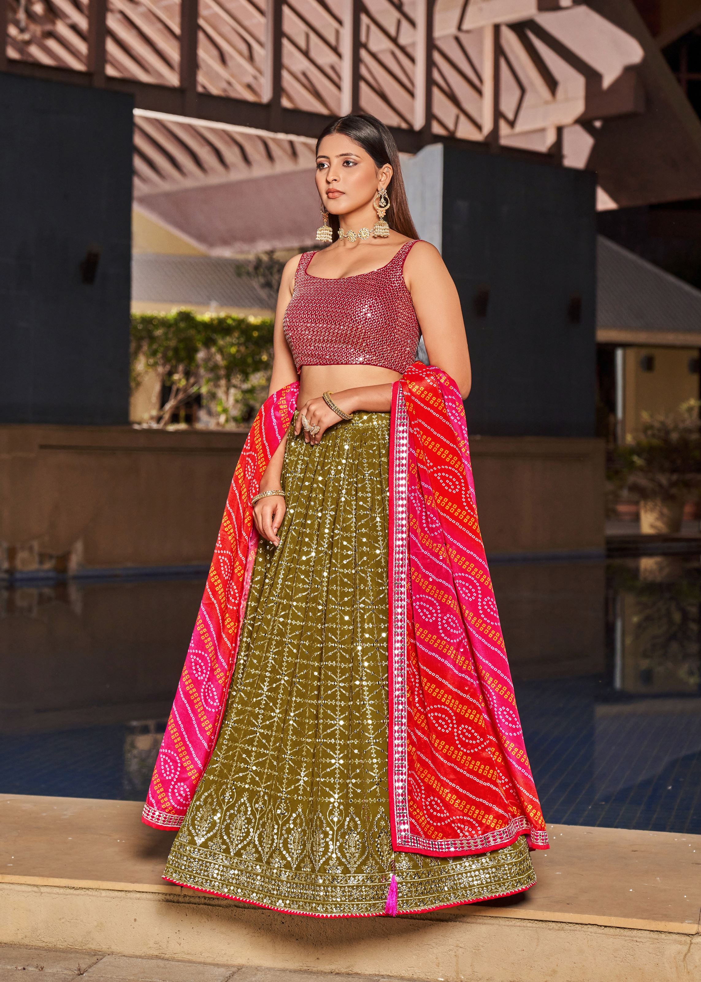 Olive-Pink Lehenga Choli With Zari And Sequins Embroidery Work With Digital Print