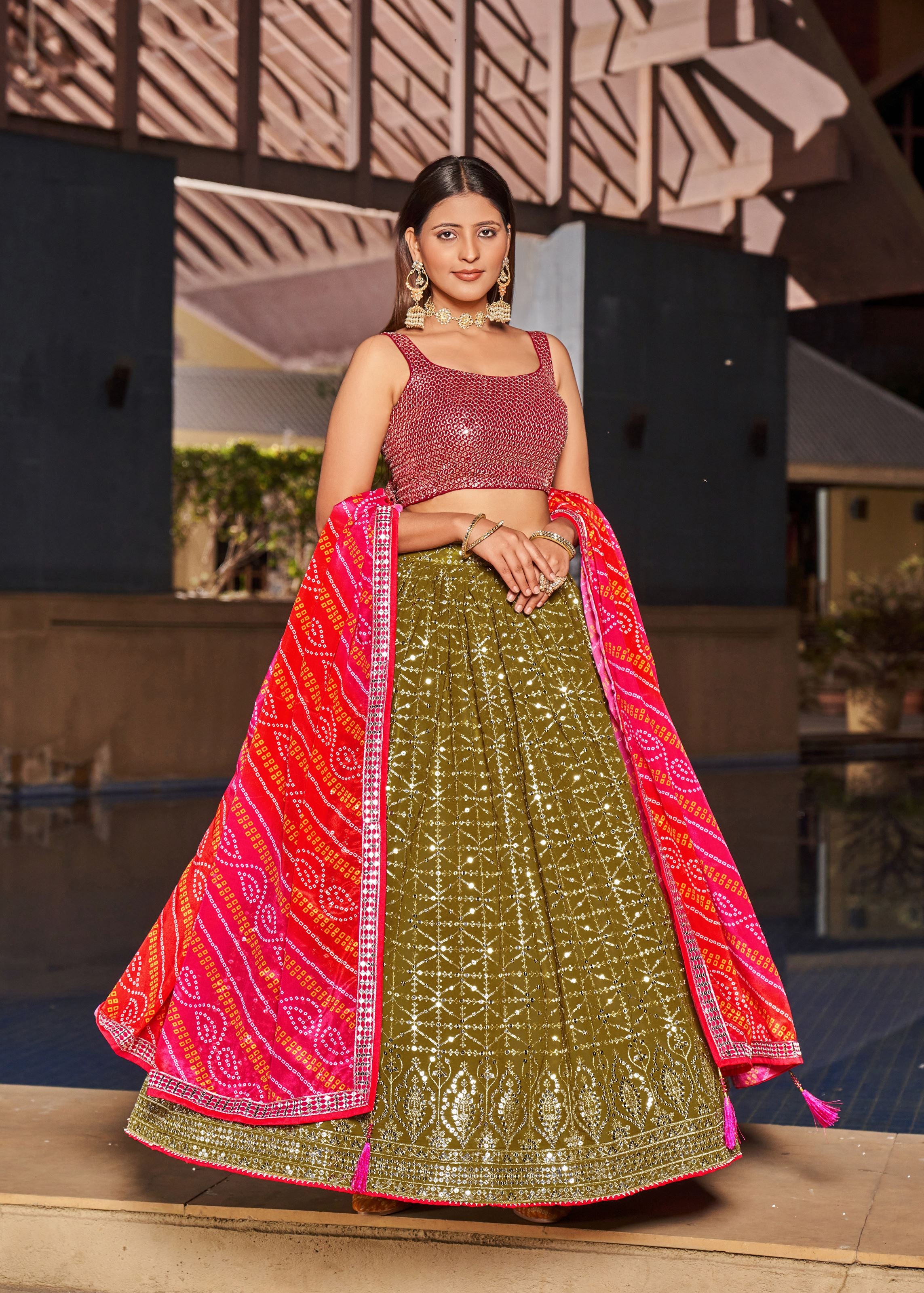 Olive-Pink Lehenga Choli With Zari And Sequins Embroidery Work With Digital Print
