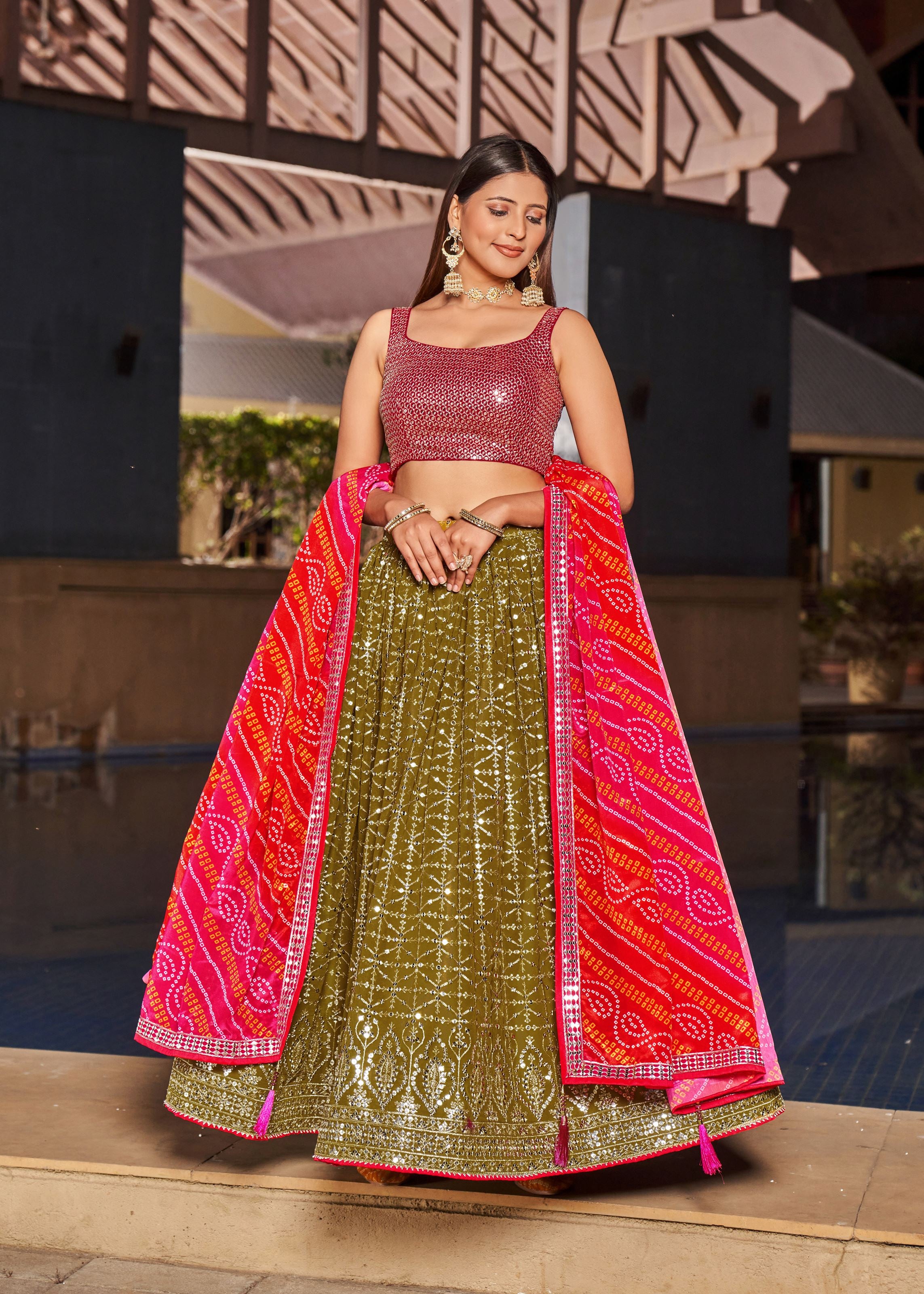 Olive-Pink Lehenga Choli With Zari And Sequins Embroidery Work With Digital Print