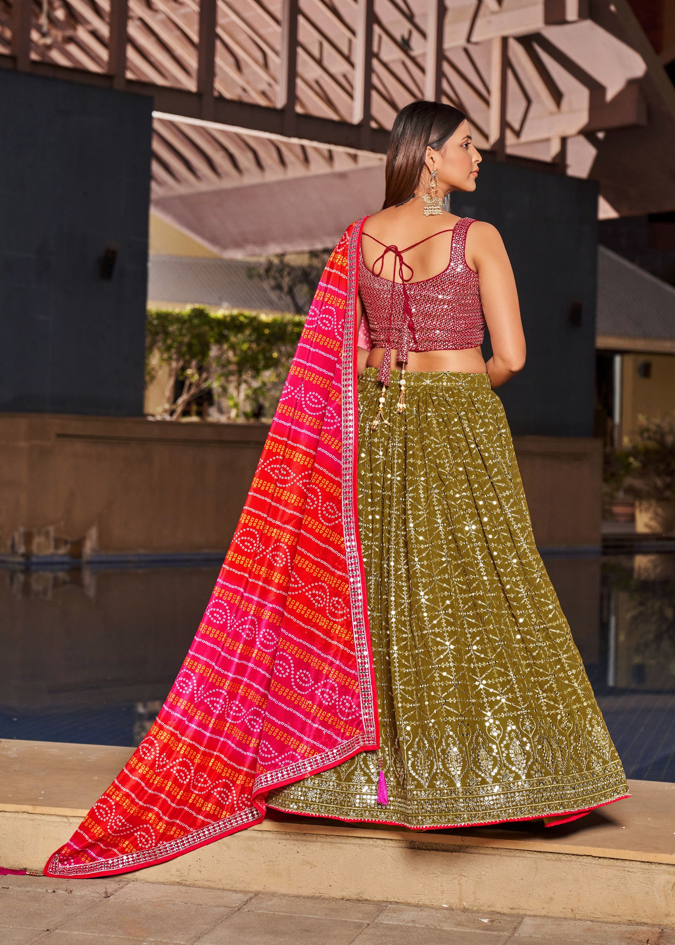 Olive-Pink Lehenga Choli With Zari And Sequins Embroidery Work With Digital Print