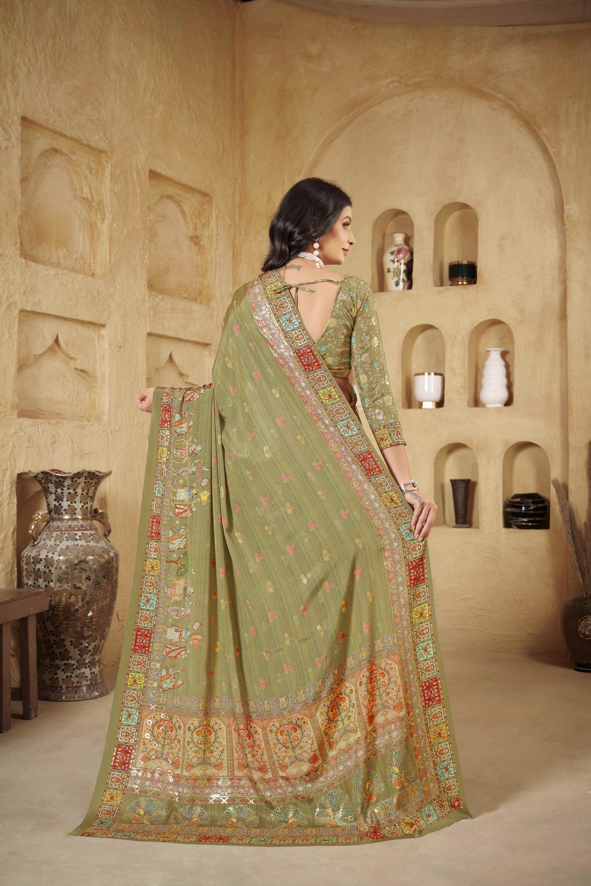 Olive Beautiful Designer Position Digital Foil Printed Crepe Silk Designer Partywear Saree