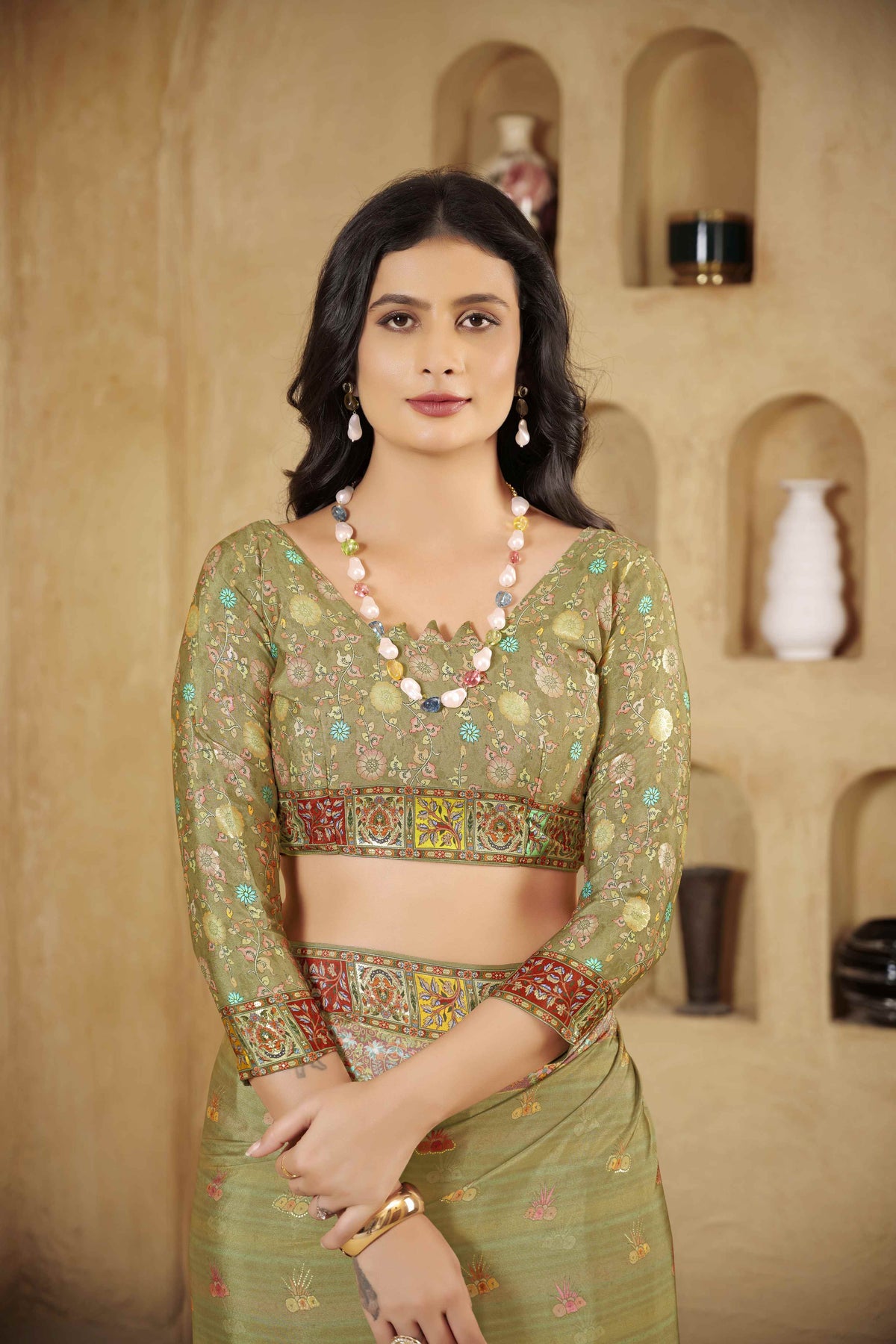 Olive Beautiful Designer Position Digital Foil Printed Crepe Silk Designer Partywear Saree