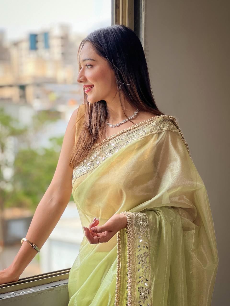 Olive Colour Silver Tissue Silk Embroidery And Mirror Work Saree
