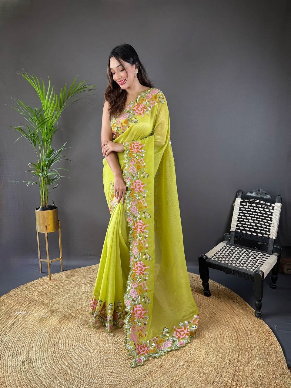 Olive Colour Soft Glossy Silk Heavy Embroidery Work Saree