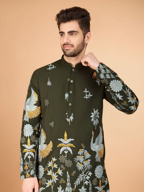 Olive Embroidered Kurta with Trendy Style for Celebrity Look