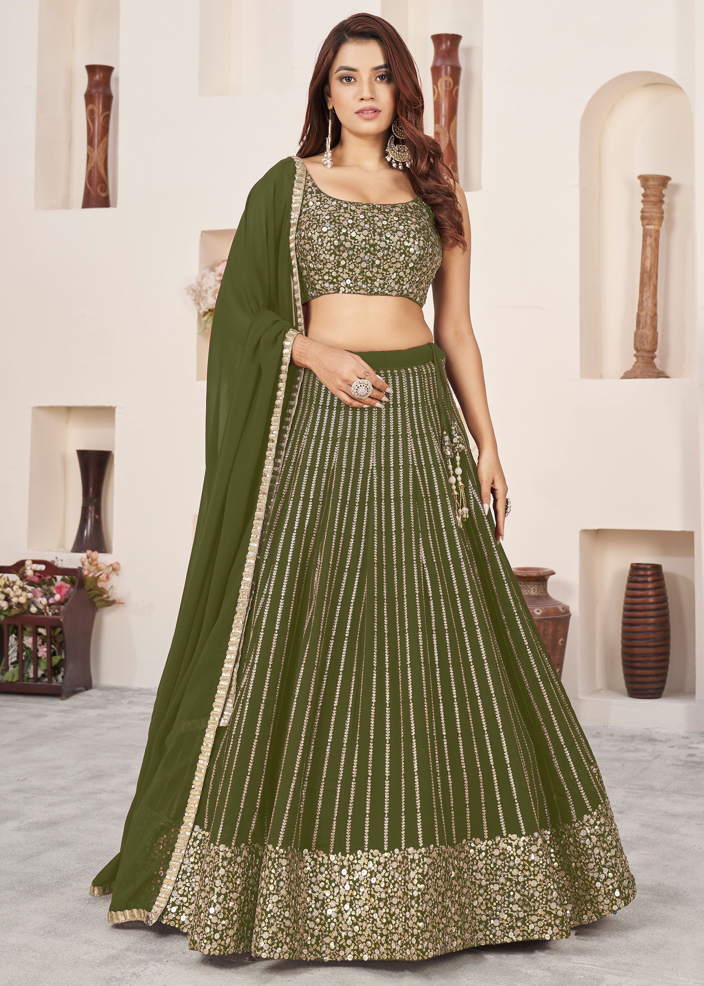 Olive Georgette Lehenga Choli With Sequins Zari Embroidered Work