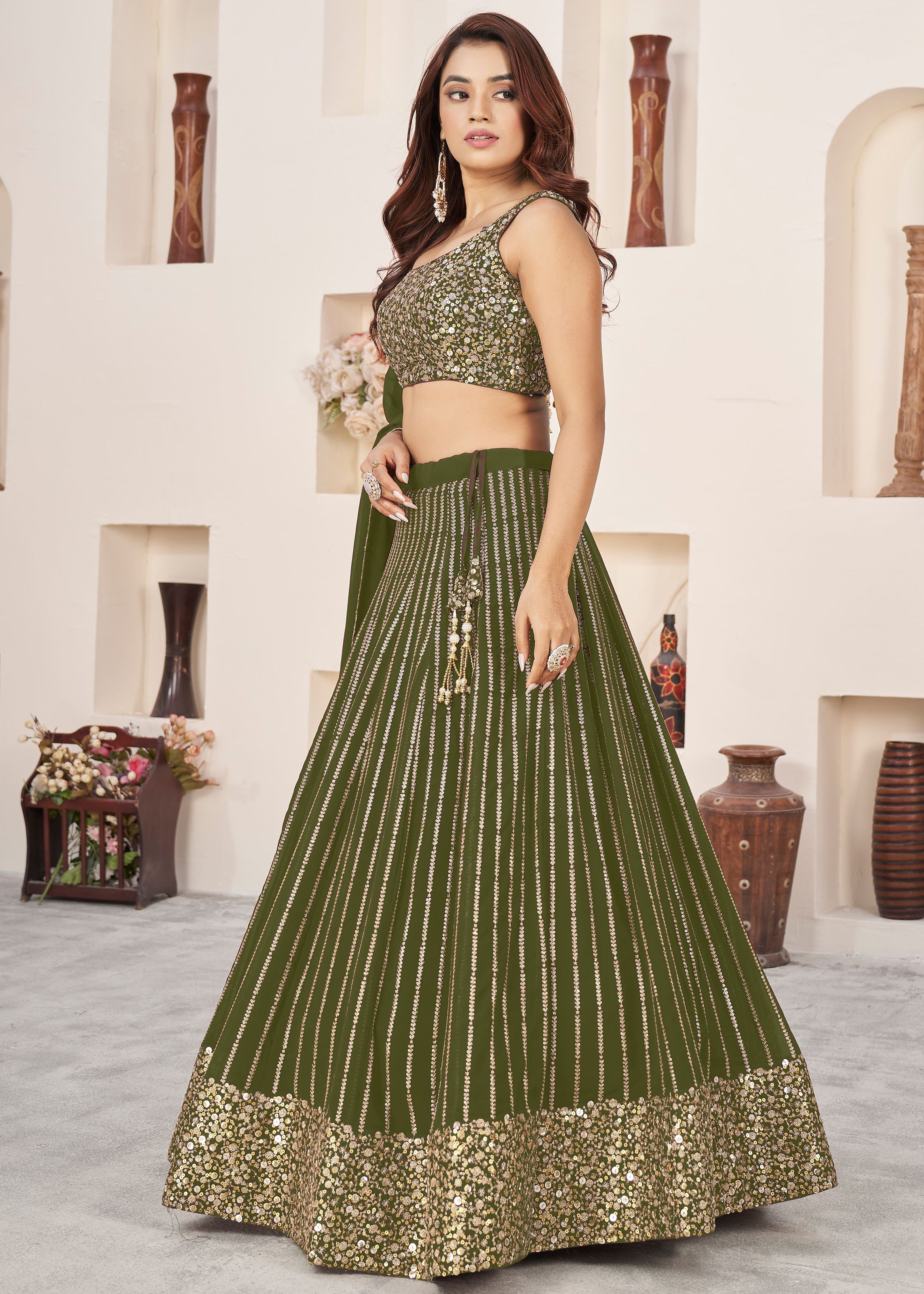 Olive Georgette Lehenga Choli With Sequins Zari Embroidered Work