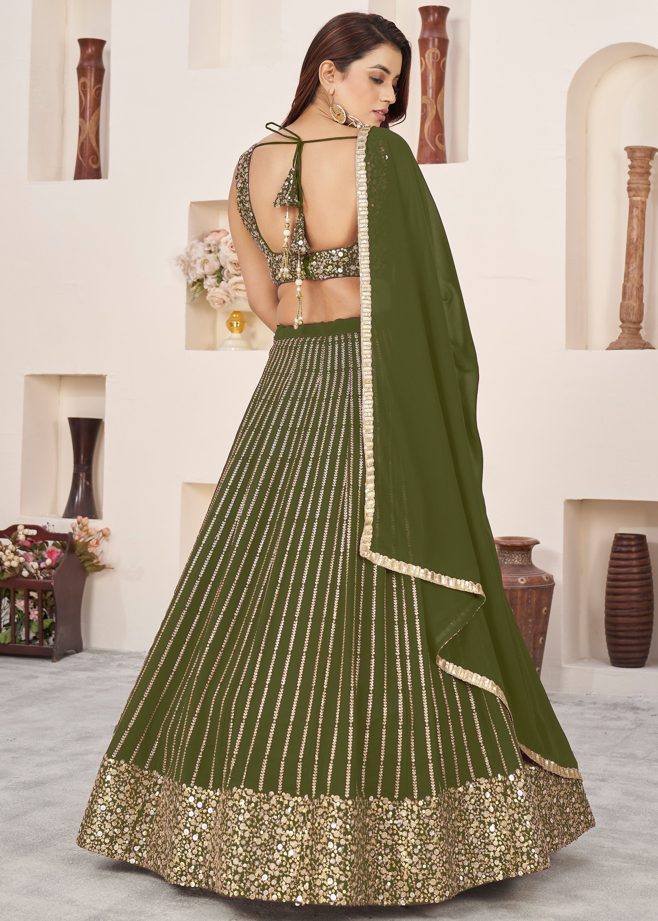 Olive Georgette Lehenga Choli With Sequins Zari Embroidered Work