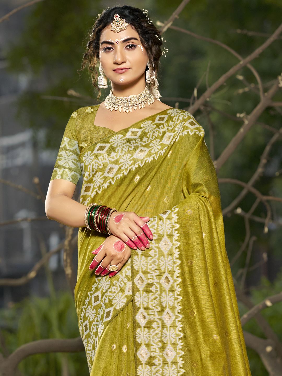 Olive Green Blended Linen Cotton Saree
