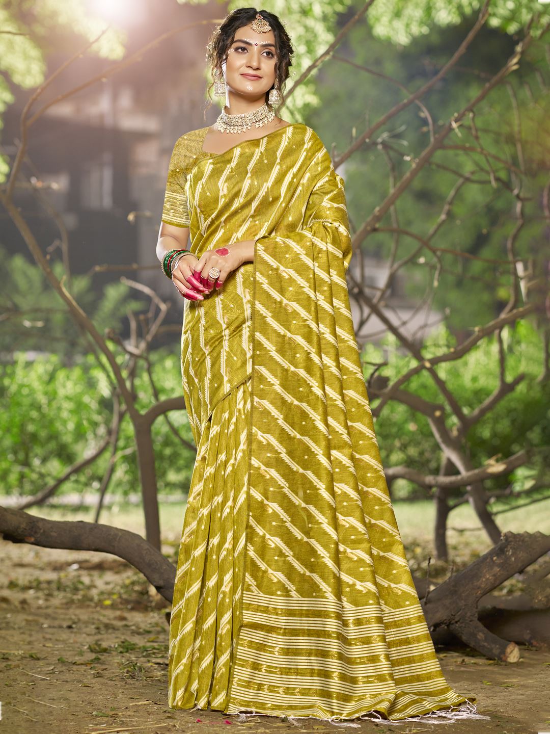 Olive Green Color Leheriya Print Linen Cotton Saree