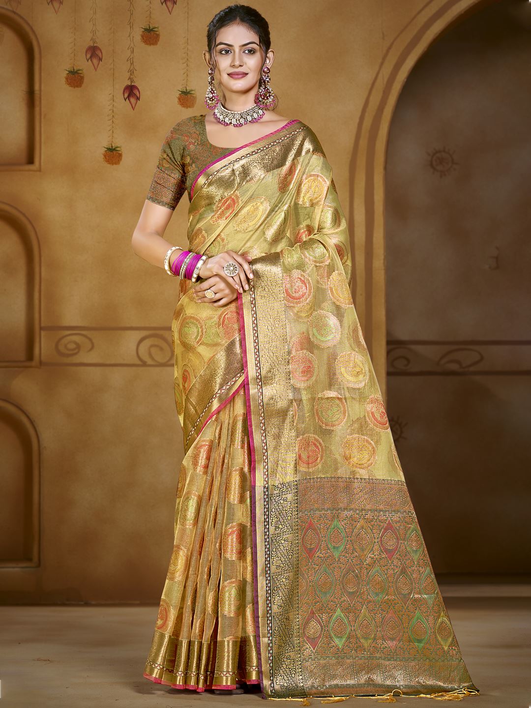 Olive Green Color Organza Silk Saree