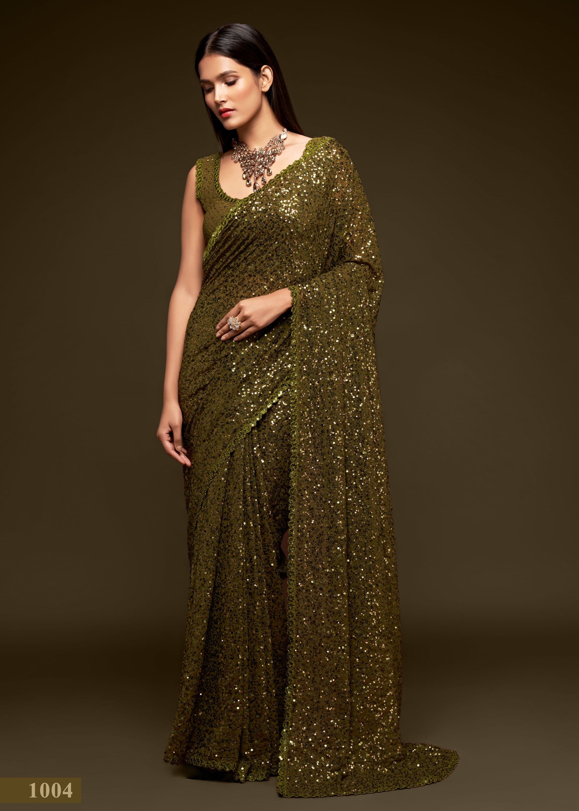 Olive Green Georgette Saree with Thread Embroidery and Sequins Work