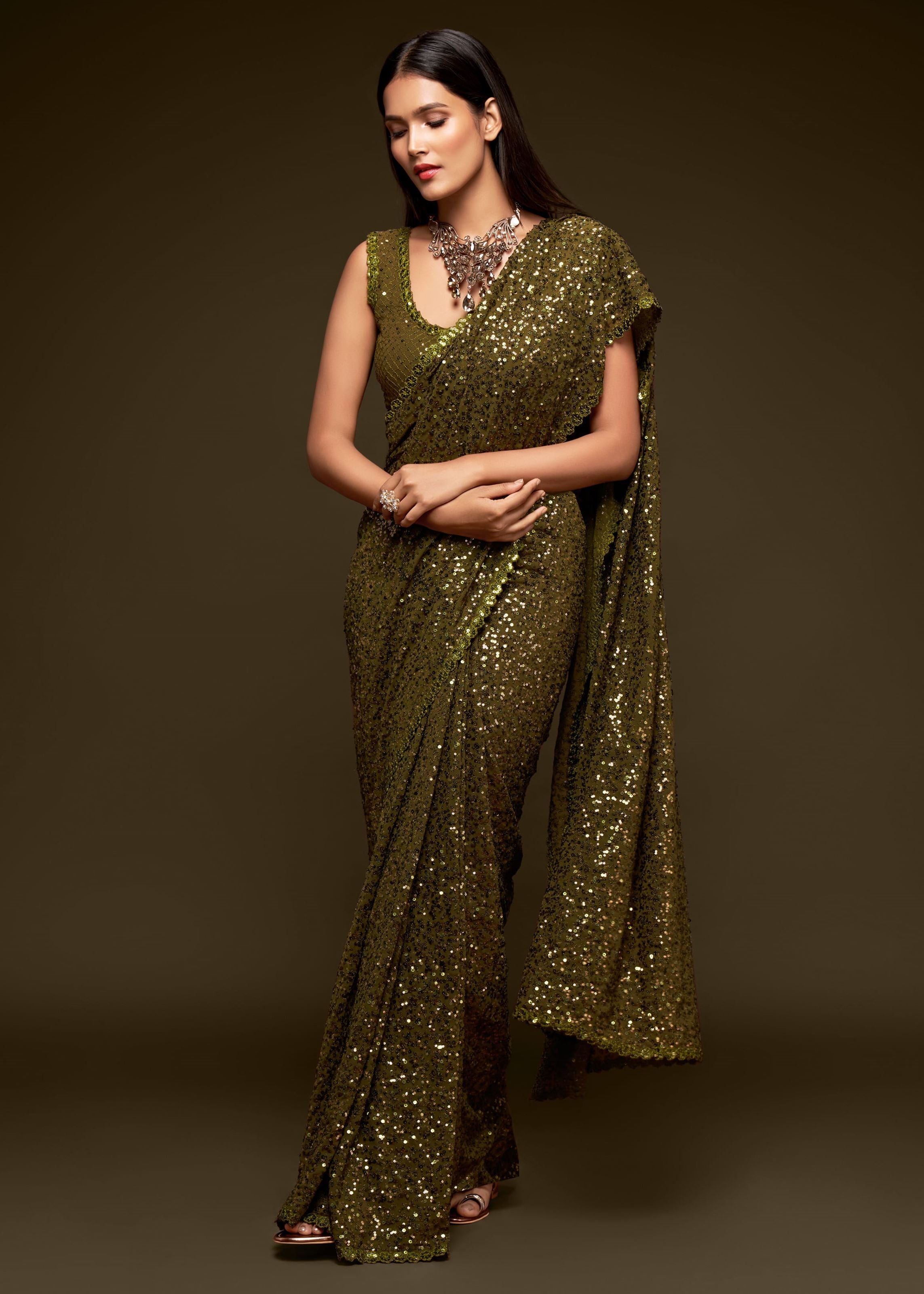 Olive Green Georgette Saree with Thread Embroidery and Sequins Work