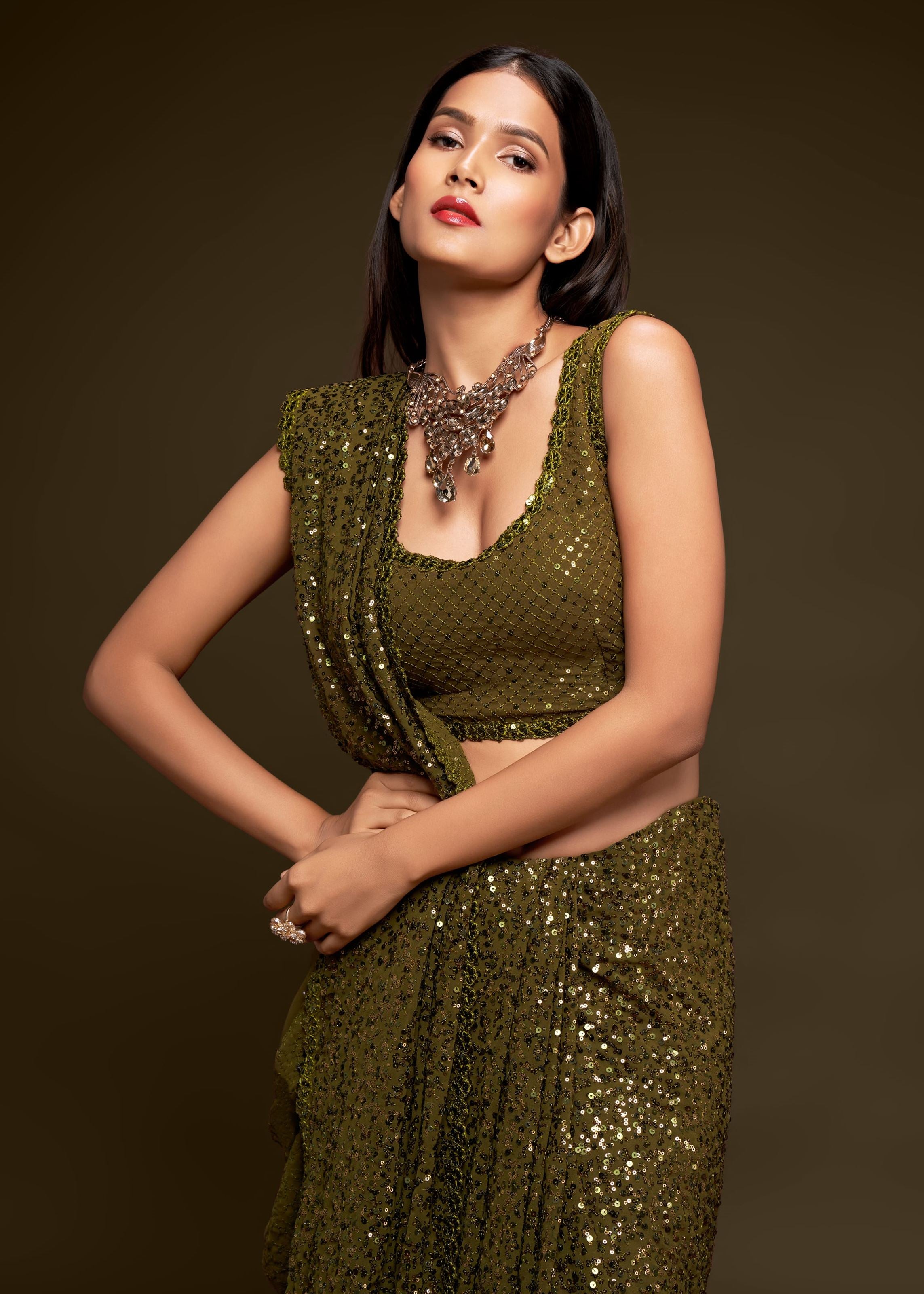 Olive Green Georgette Saree with Thread Embroidery and Sequins Work