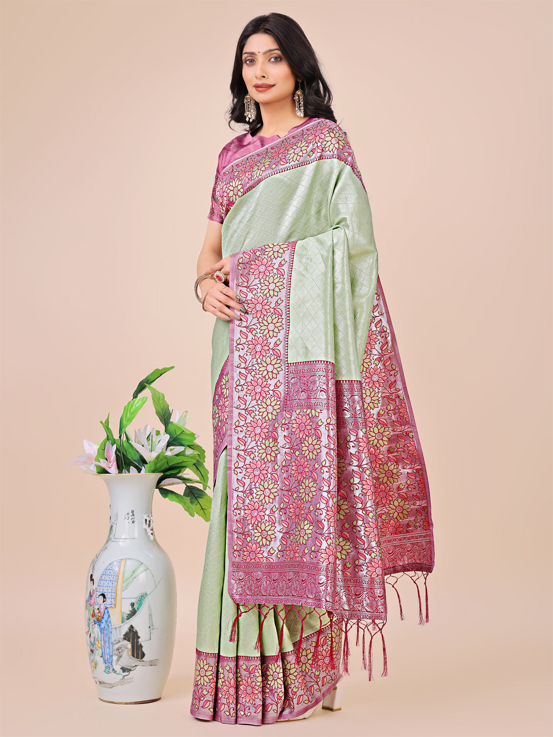 Olive Green Lichi Silk Woven Designer Partywear Saree
