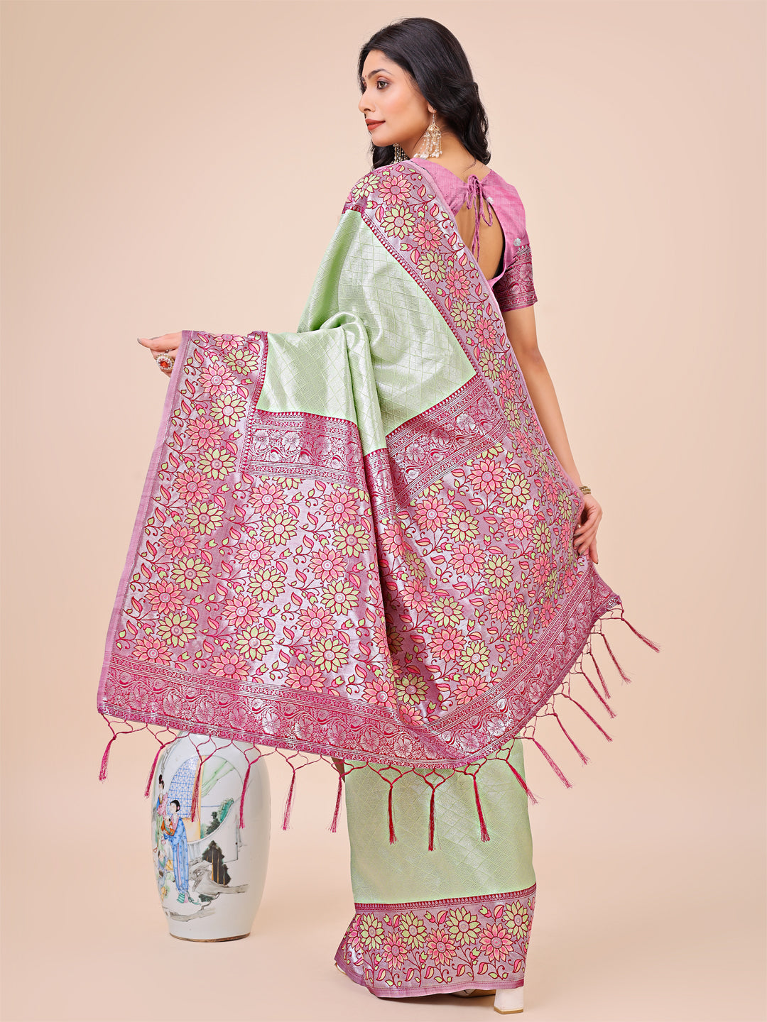 Olive Green Lichi Silk Woven Designer Partywear Saree