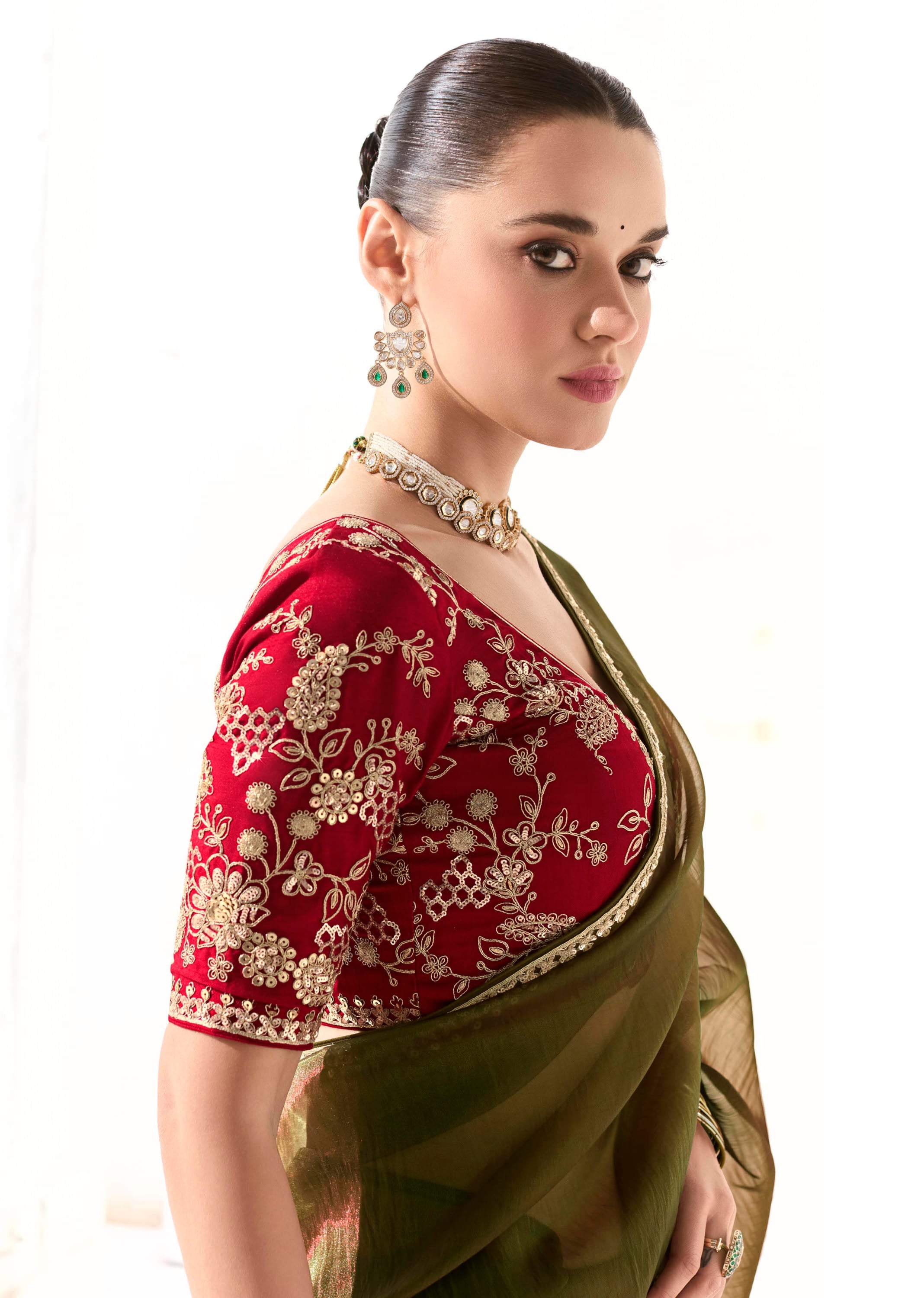 Olive Green Organza Tissue Saree With Heavy Work Border With Embroidered Blouse