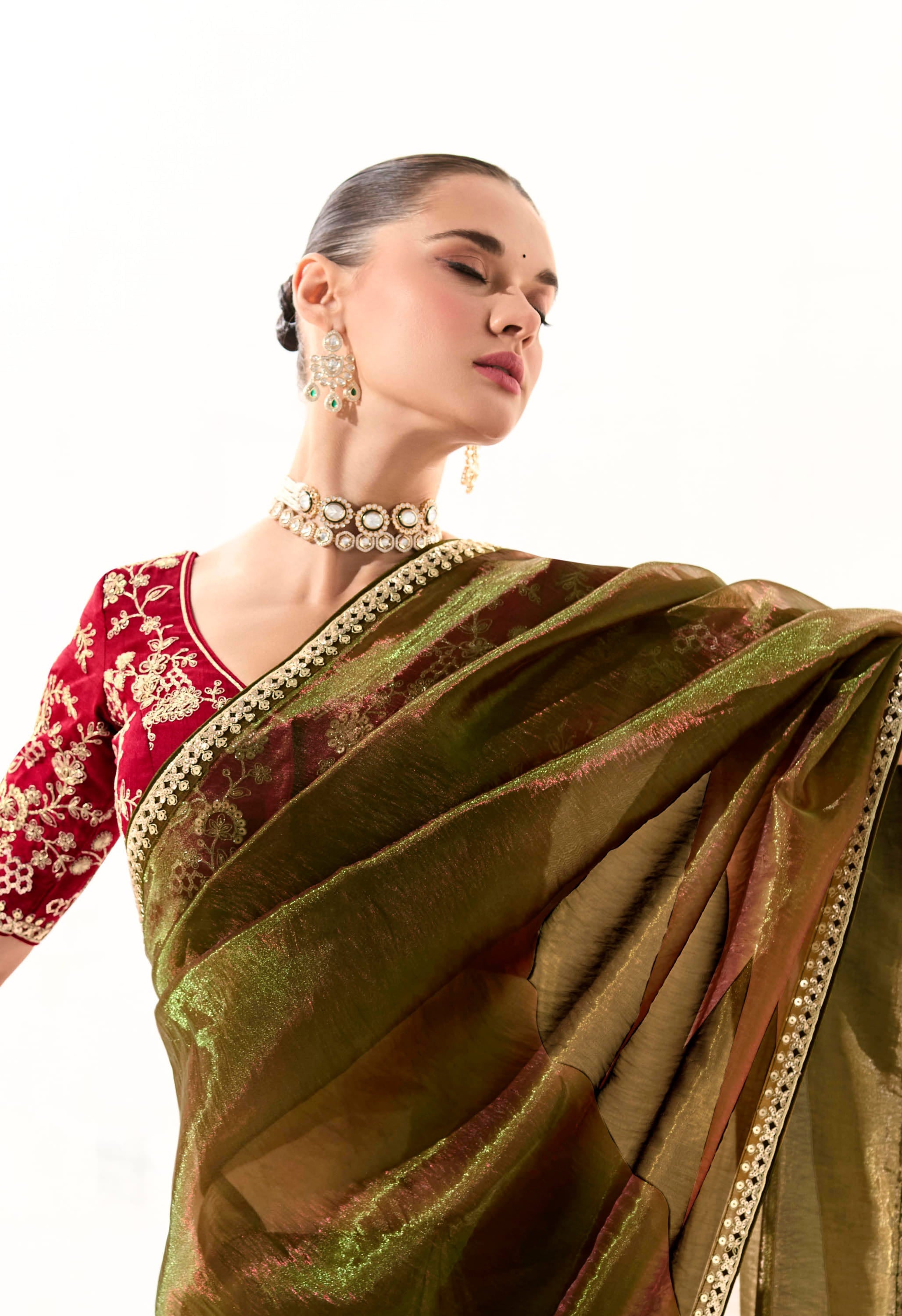 Olive Green Organza Tissue Saree With Heavy Work Border With Embroidered Blouse