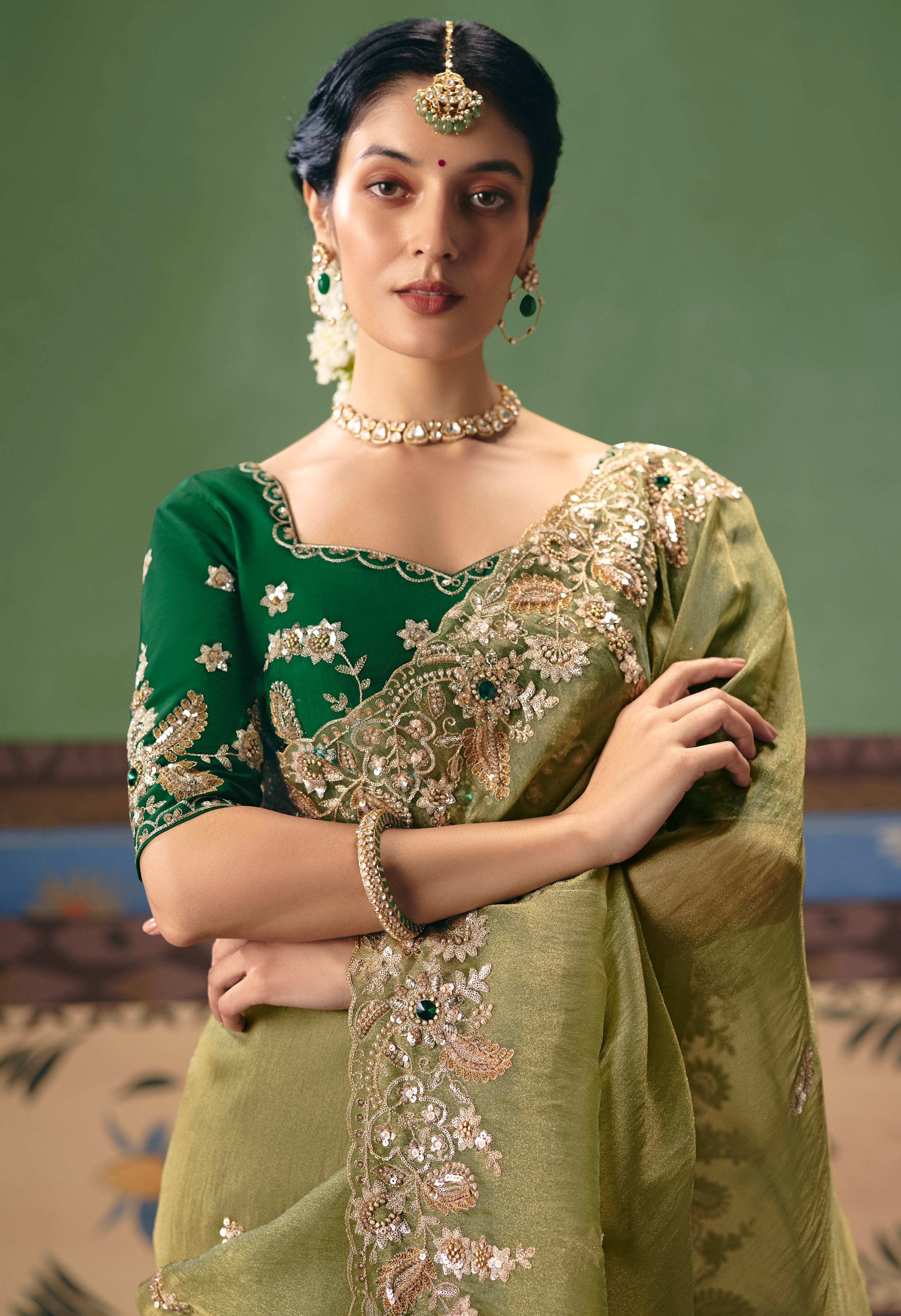 Olive Green Saree With Heavy Designer Embroidery, Sequince, Stone, Pearl With Beads Work