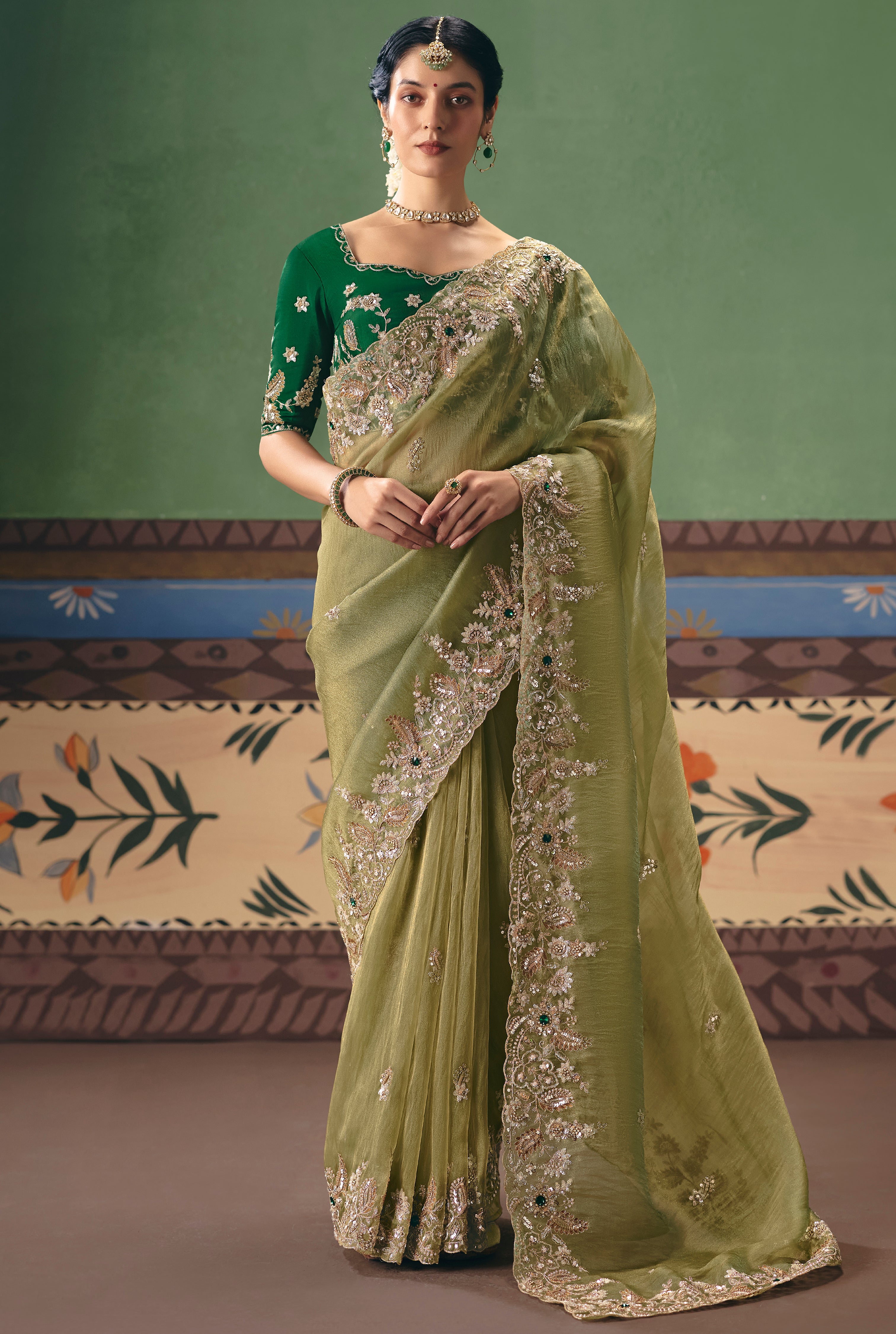 Olive Green Saree With Heavy Designer Embroidery, Sequince, Stone, Pearl With Beads Work