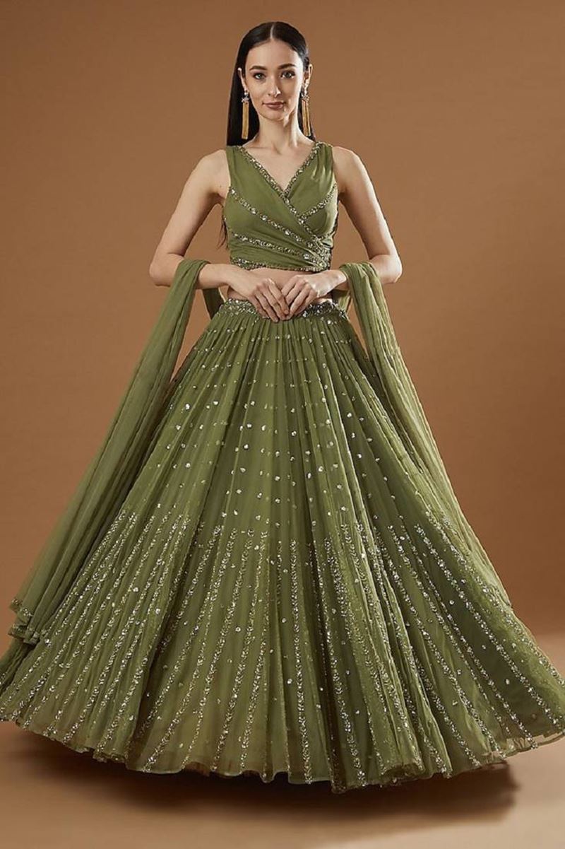 Olive Lehenga Choli With Embroidery Work