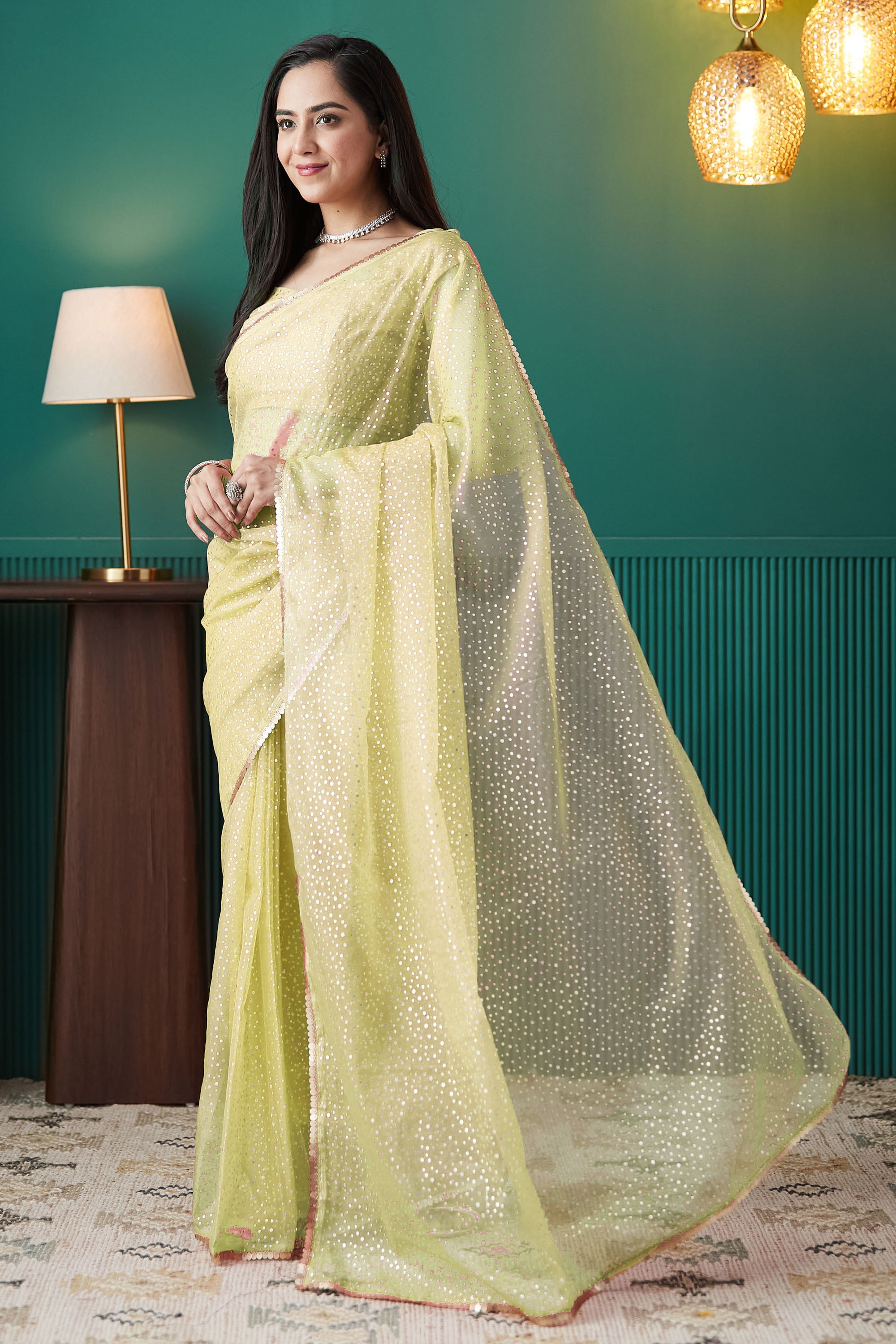 Olive Organza Designer Foil Printed Partywear Saree
