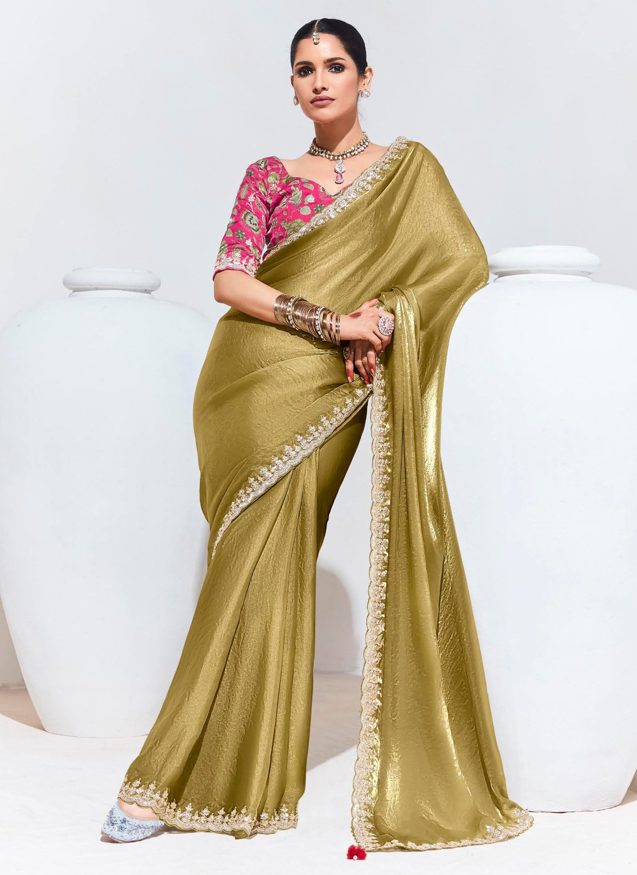 Olive Organza Saree With Thread Embroidery with Printed Blouse