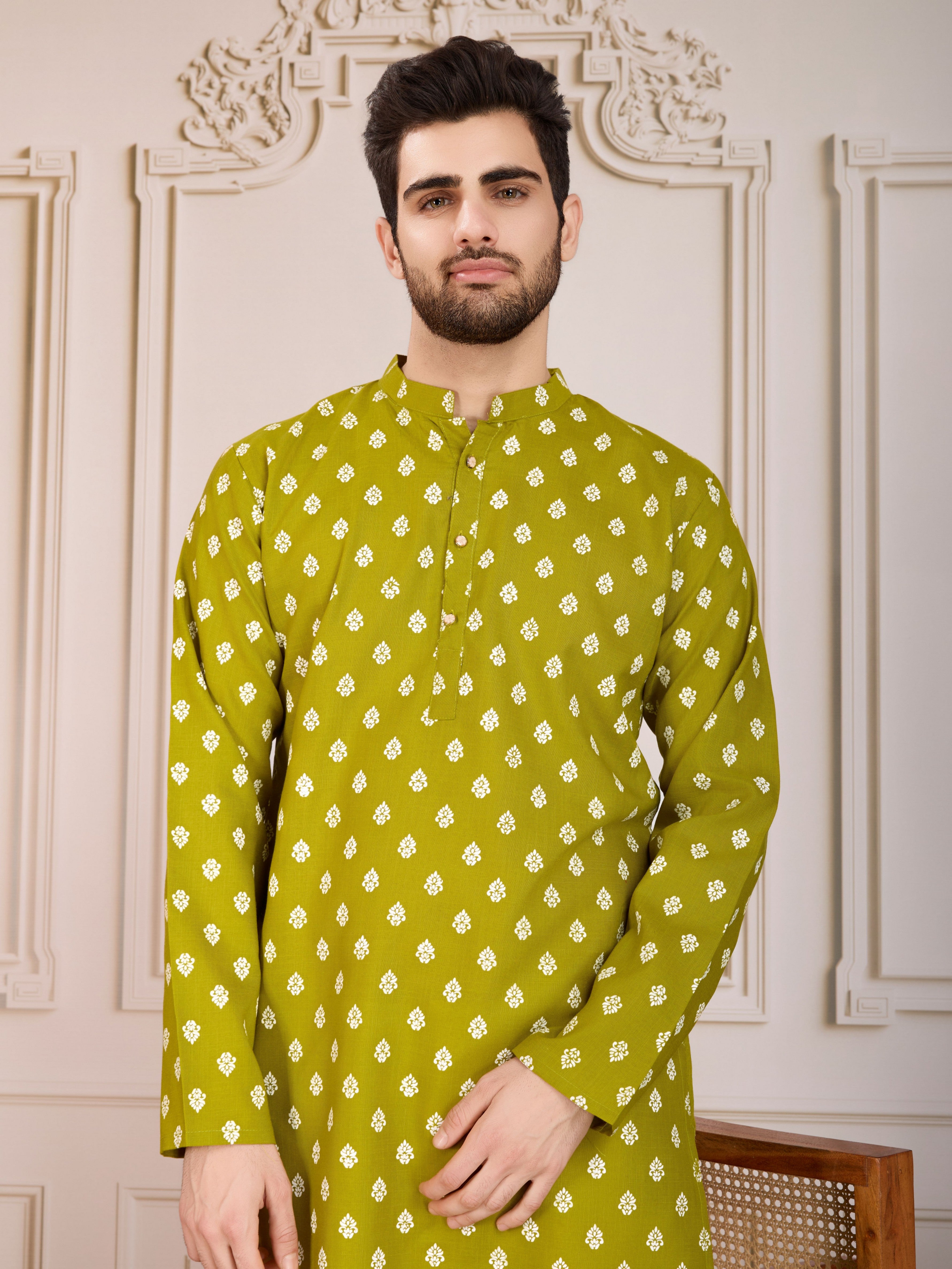 Olive Printed Cotton Stylish Kurta Pajama