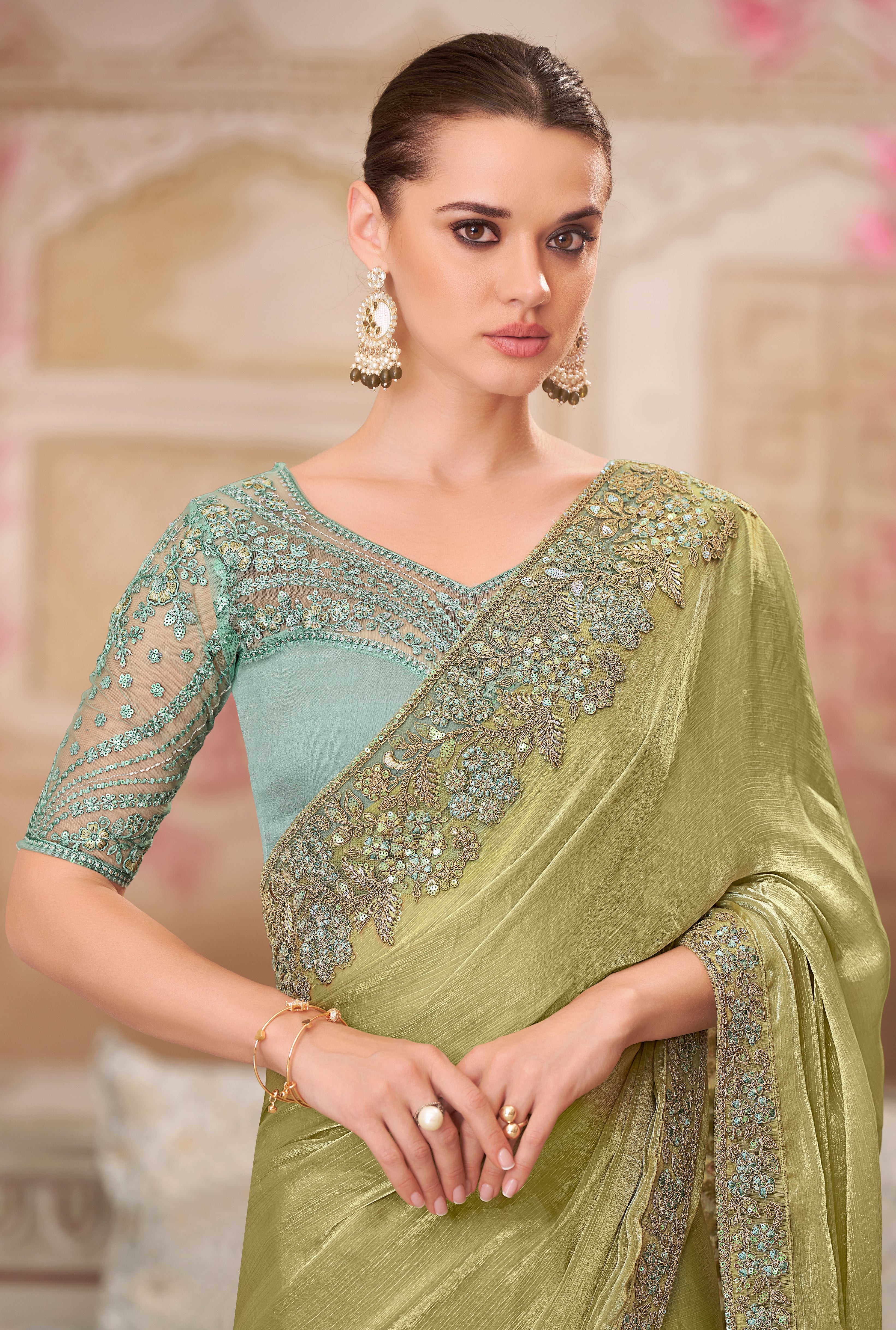 Olive Saree With Heavy Thread Embroidery Sequins Border Work With Embroidery Blouse