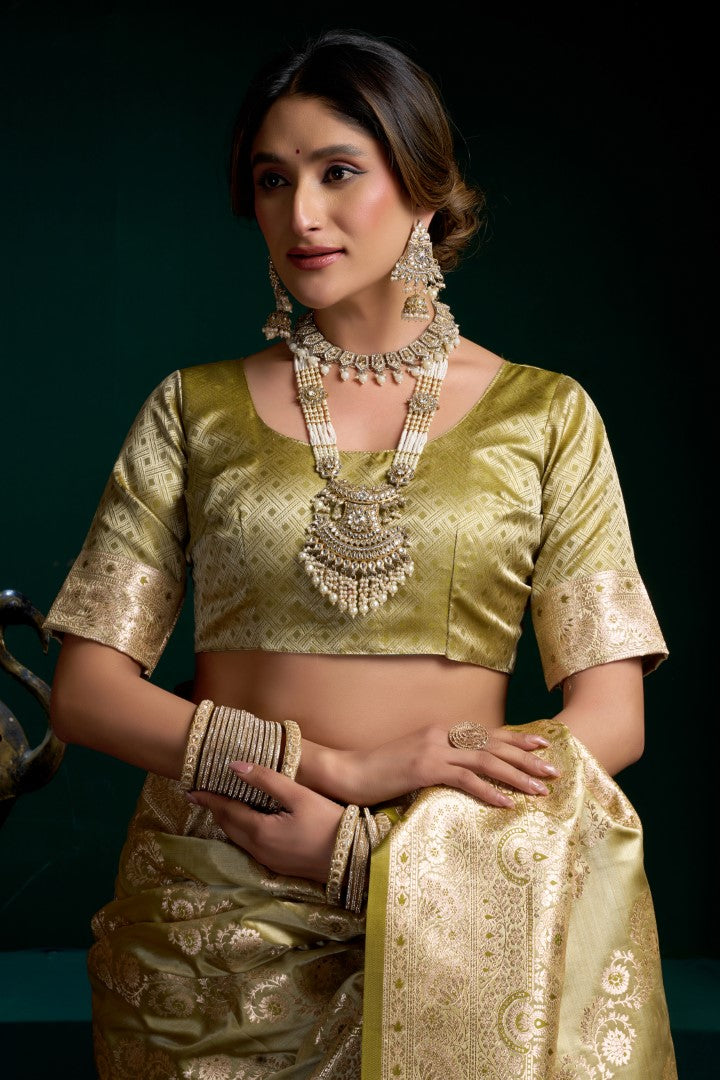 Olive Satin Silk Saree with Rich Jacquard Woven Elegance