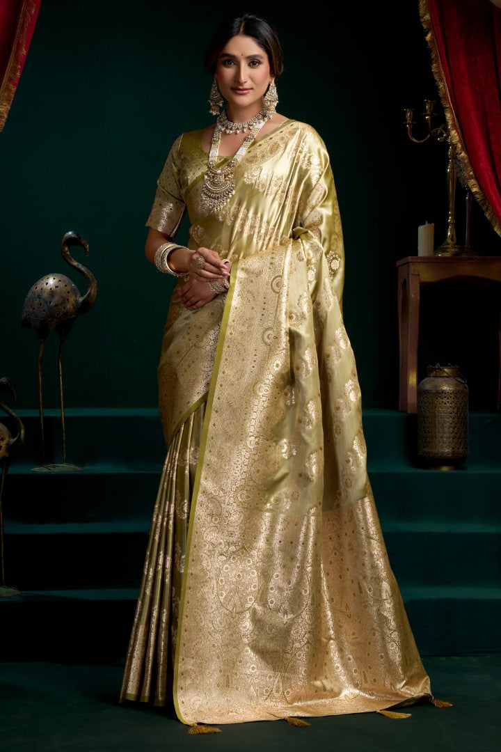 Olive Satin Silk Saree with Rich Jacquard Woven Elegance
