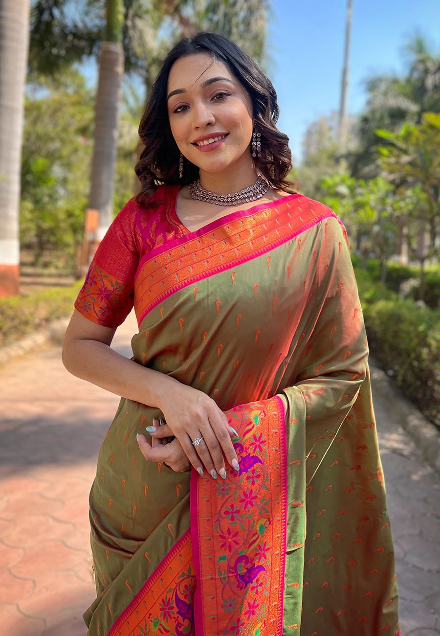 Olive Silk Blend Paithani Saree