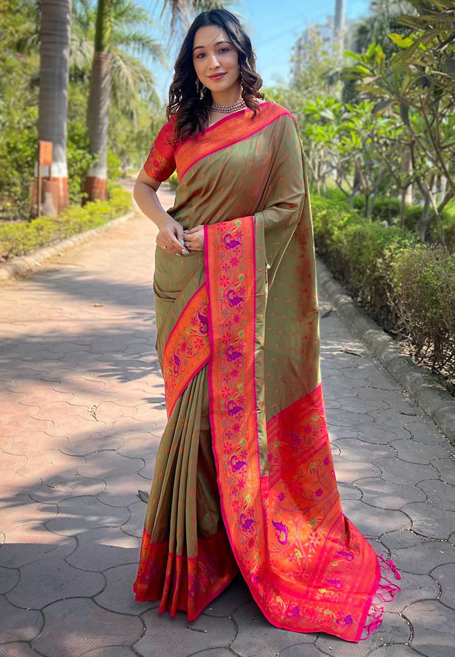 Olive Silk Blend Paithani Saree