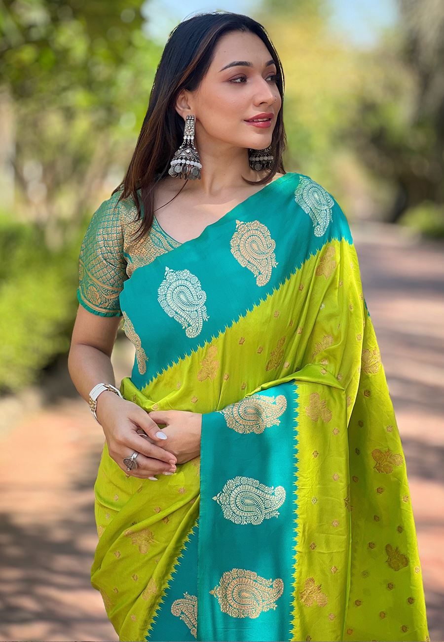 Olive Silk Blend Saree With Floral Border Zari Woven Work