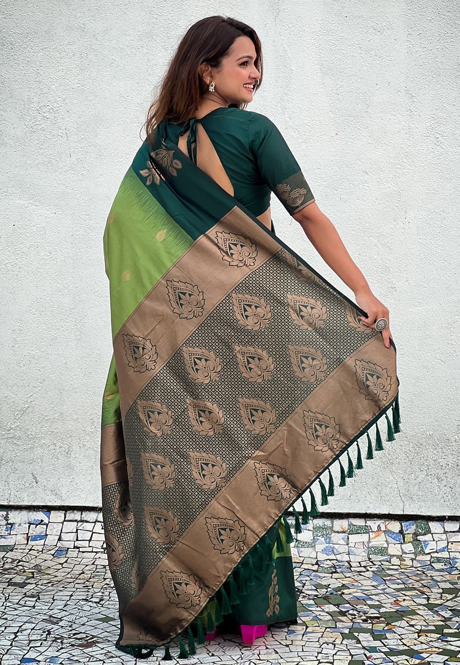 Olive Silk Blend Saree With Floral Border Zari Woven Work
